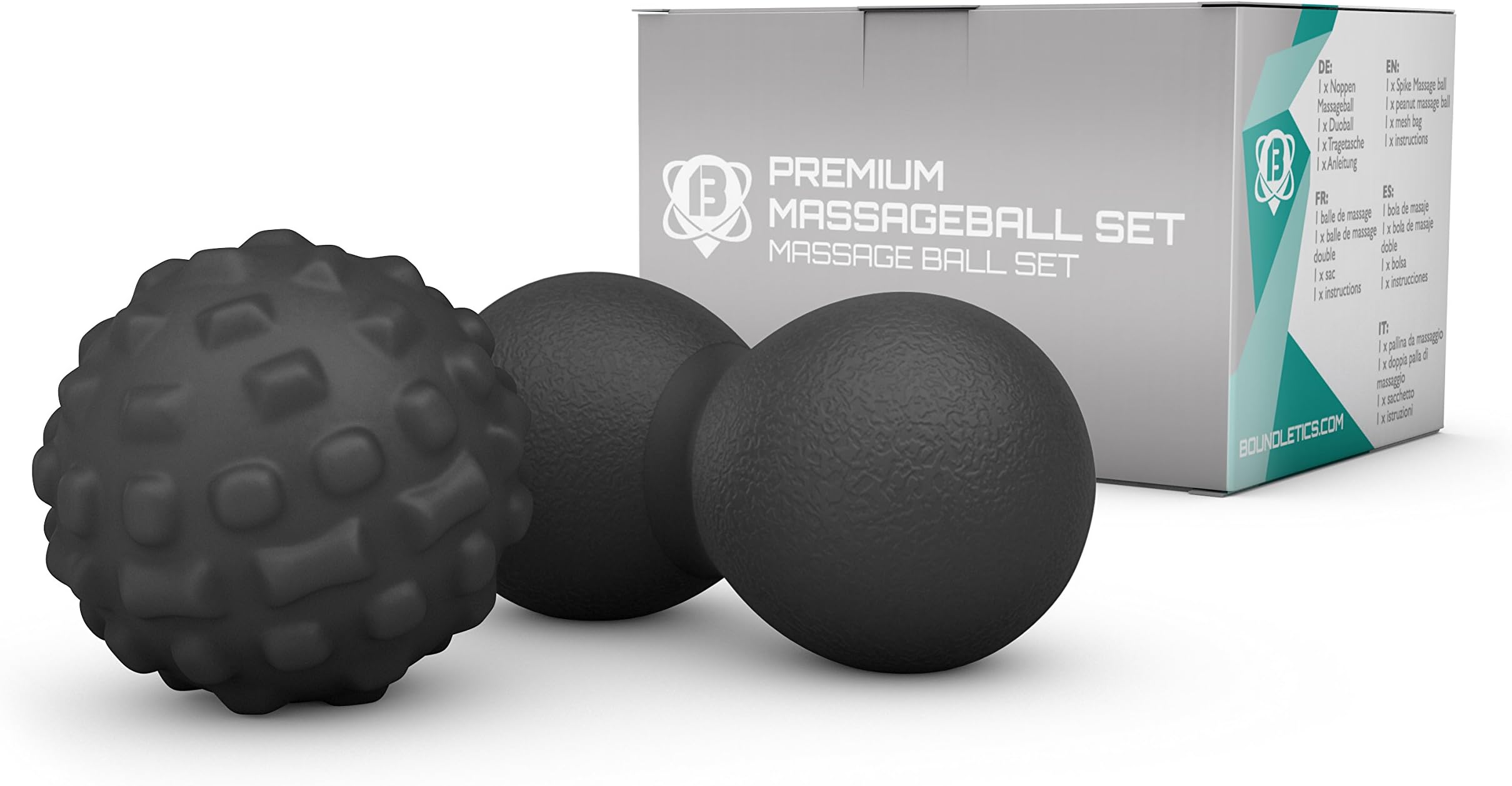 Deep Tissue Massage Set - 1 Peanut Ball/Duo Ball & 1 Solo Ball - for Fascia, deep Tissue and Trigger-Point Massages - Perfect for Yoga, Fitness, Gym or Crossfit - Free Instructions Included (Black)