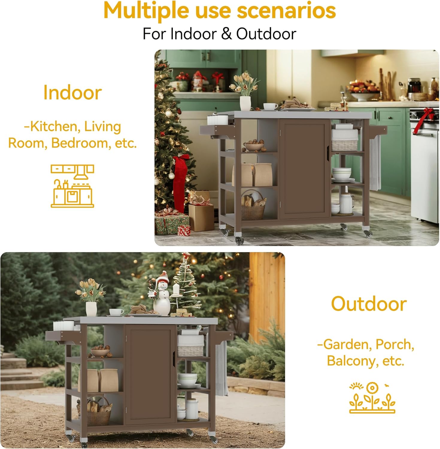 DWVO Outdoor Solid Wood Kitchen Island Grill Cart Movable with Stainless Steel Top and Spice Rack for Patio, Garden, Porch, Balcony, Outdoor Kitchen Island Bar Cart, Easy to DIY Color, Brown