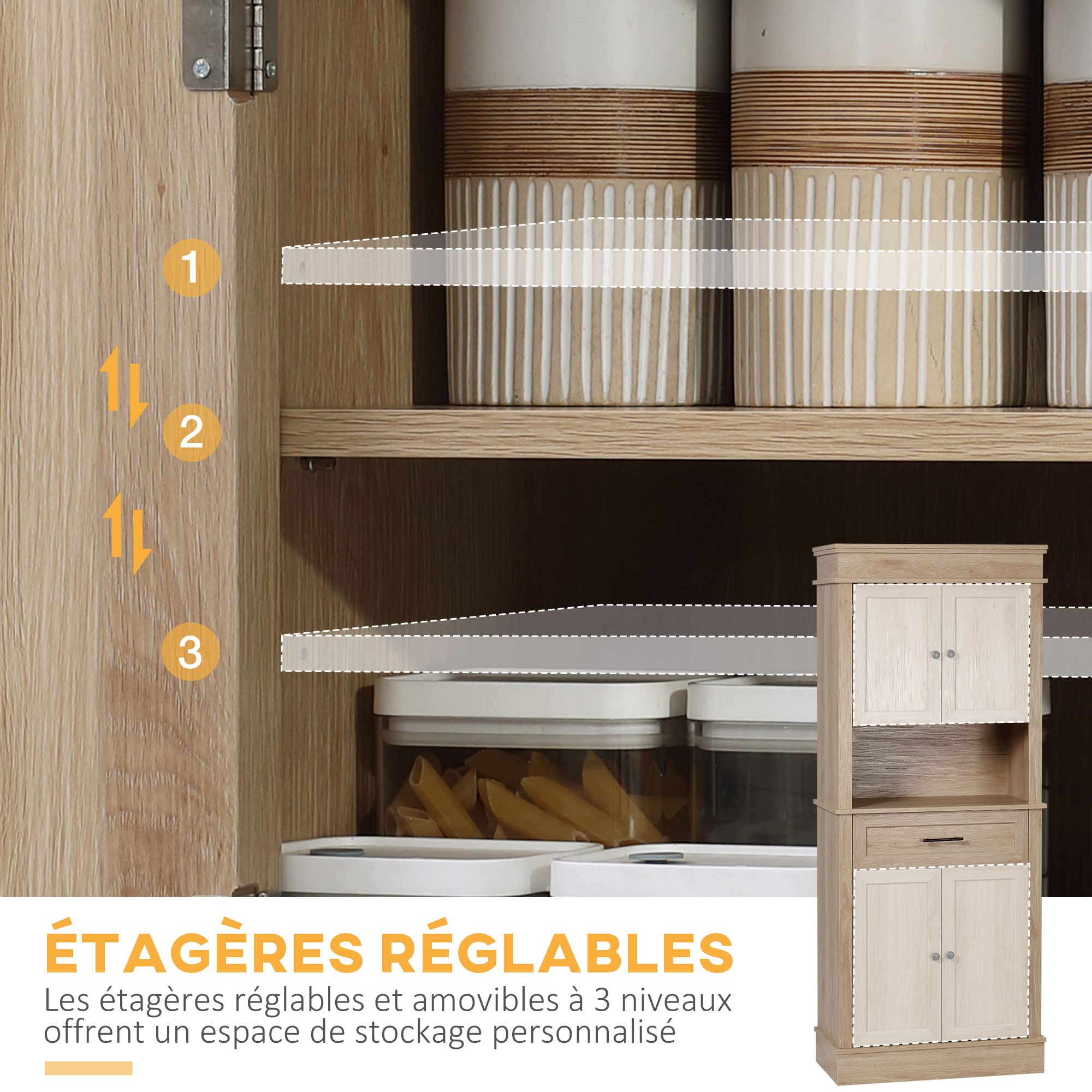 HOMCOM Armadio da cucina credenza cucina cucina stoviglie armadio stile moderno con armadi ripiani regolabili cassetto e nicchia, per sala da pranzo, soggiorno, 74 x 39,5 x 183 cm, rovere chiaro