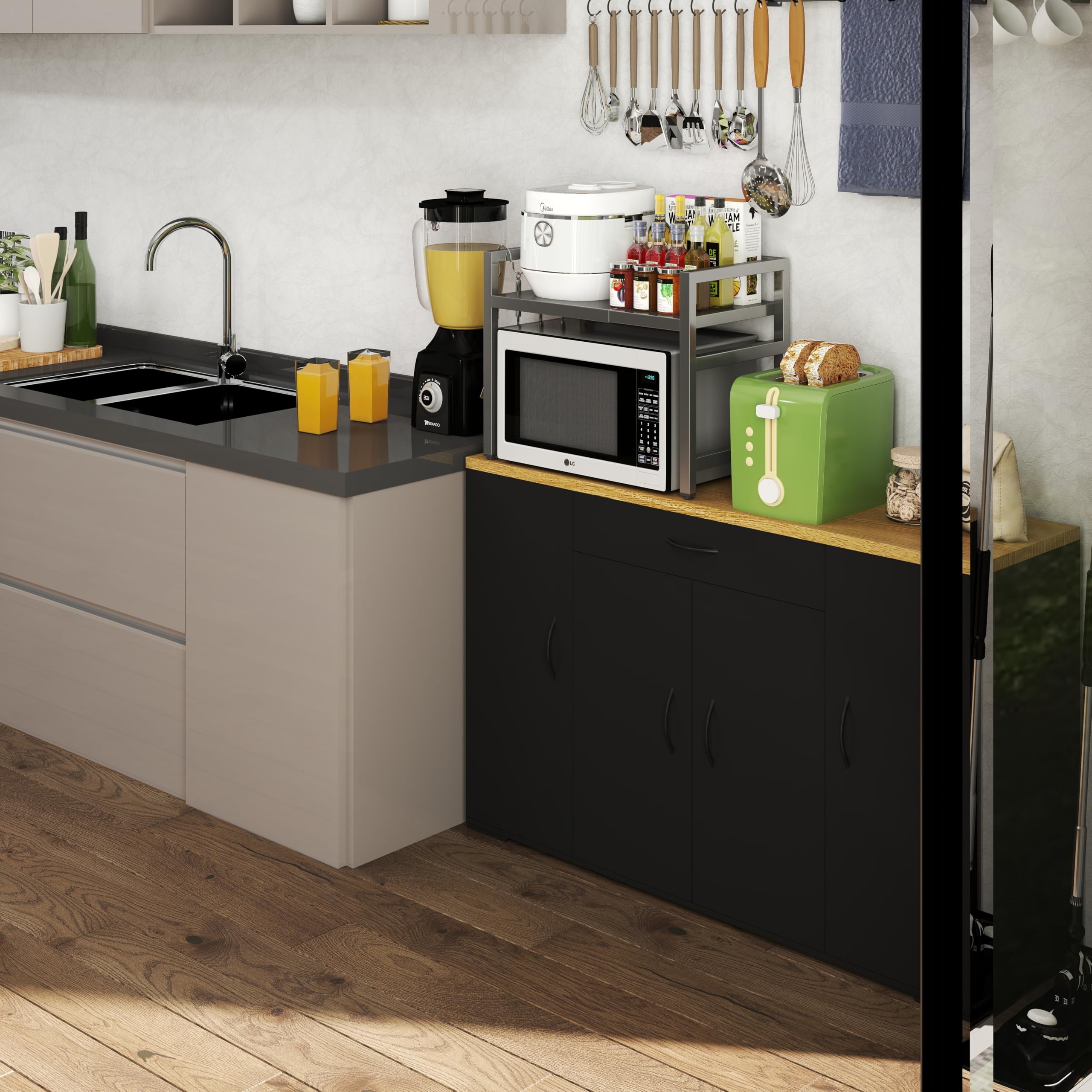 hitsuki Armoire de cuisine avec plan de travail, commode de cuisine, noire, 110 x 30 x 70 cm, avec tiroir et 4 portes, armoire de cuisine, buffet étroit avec espace de rangement, pour cuisine, salle à