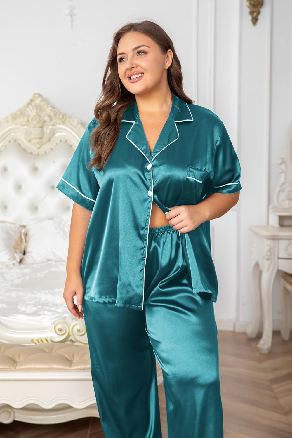 Vozanet Women's Button Down Satin Pajama Sets Silky Short Sleeve Top & Pants Plus Size Loungewear Classic Sleepwear XL to 5XL image 5
