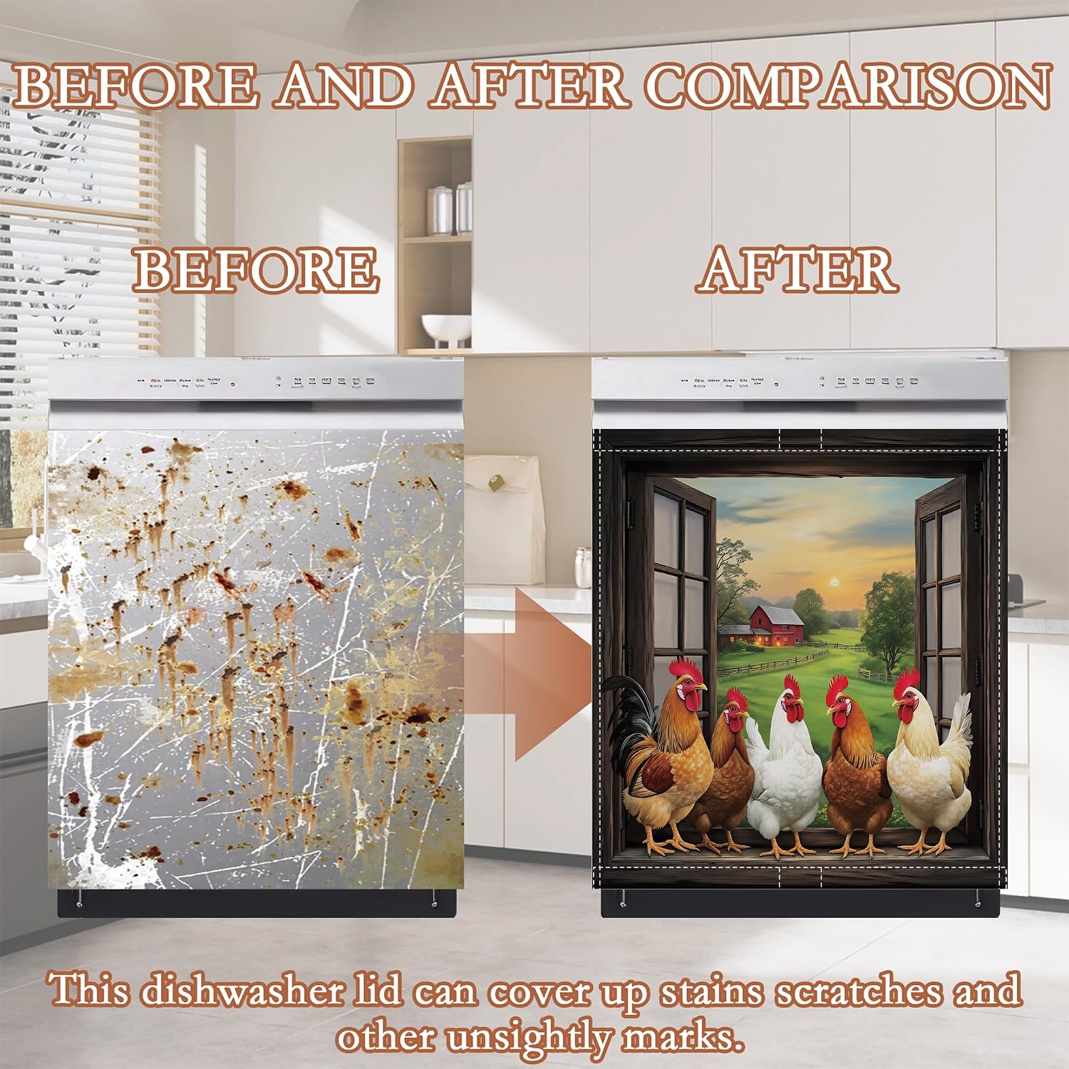 Farmhouse Chicken Dishwasher Magnet Cover,Rooster Rustic Country Magnetic Dishwasher Cover Panel Decorative Refrigerator Magnet for Kitchen Decor Waterproof Reusable 23x26 Inch image 5