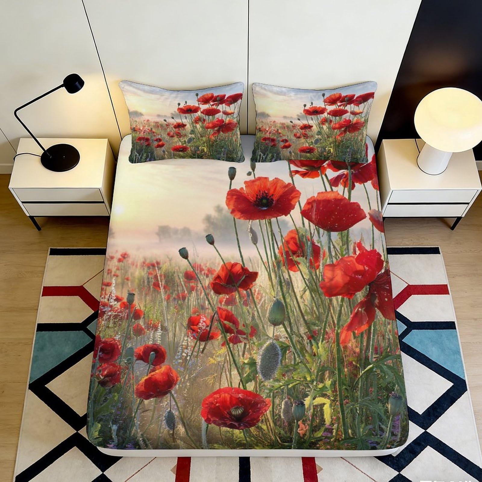 Pnayamiorkfel Style-9 3D Printed Red Poppy Meadow Fitted Sheet Microfiber Soft Mattress Cover Sunrise Floral Bed Decor For Bedroom Guest Room 90X200x25cm