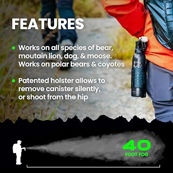 Griz Guard Bear Spray W/Holster 40 ft Range, Maximum Strength, EPA-Registered Spray for Bears, Mountain Lions, Coyotes, Dogs, Moose, Outdoor Hiking & Camping Protection, Glow Safety, 7.9 oz 2 Pack