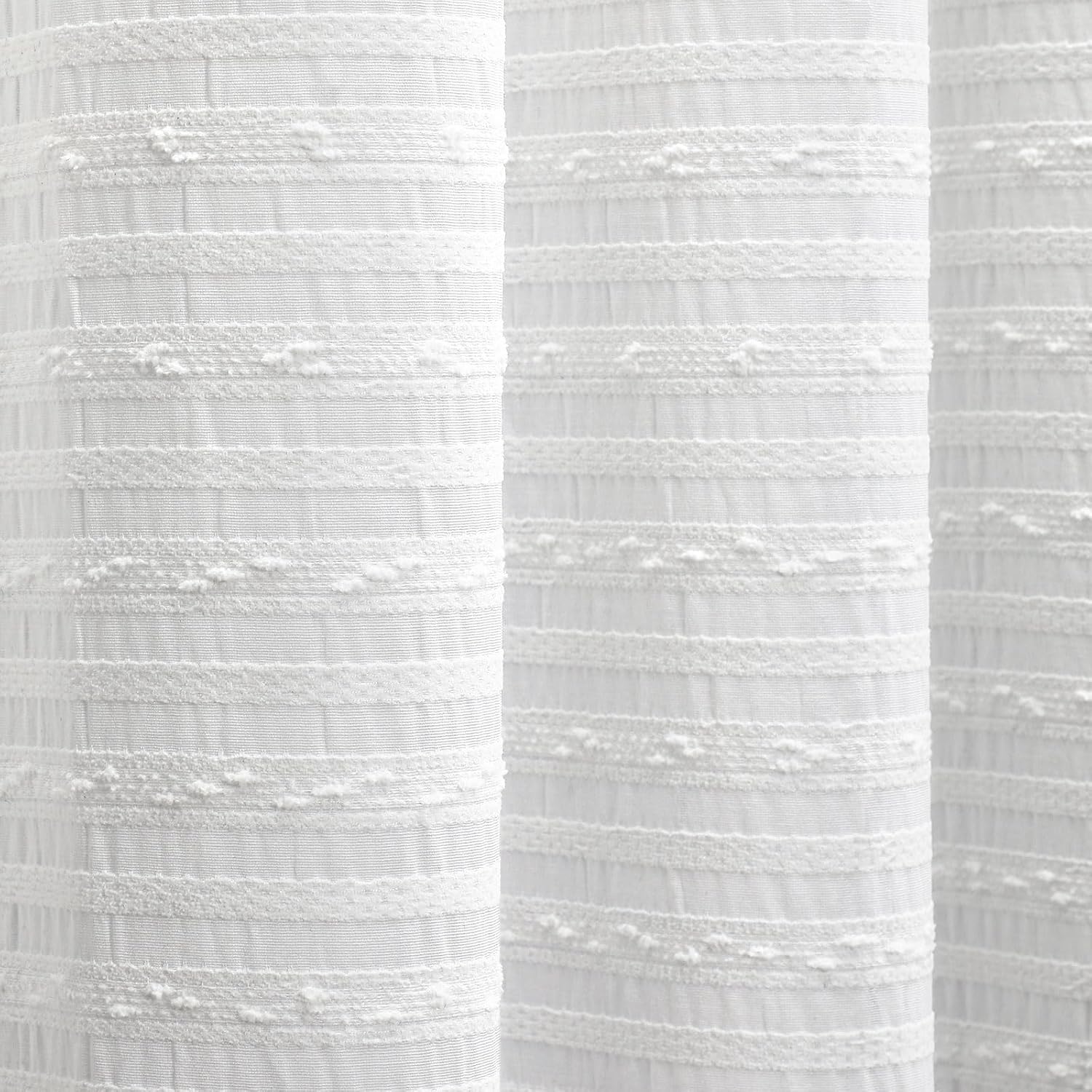 White Shower Curtain,Cotton Fabric Boho Textured with Stripe Fabric Shower Curtains for Bathroom, 72" W x 72" L