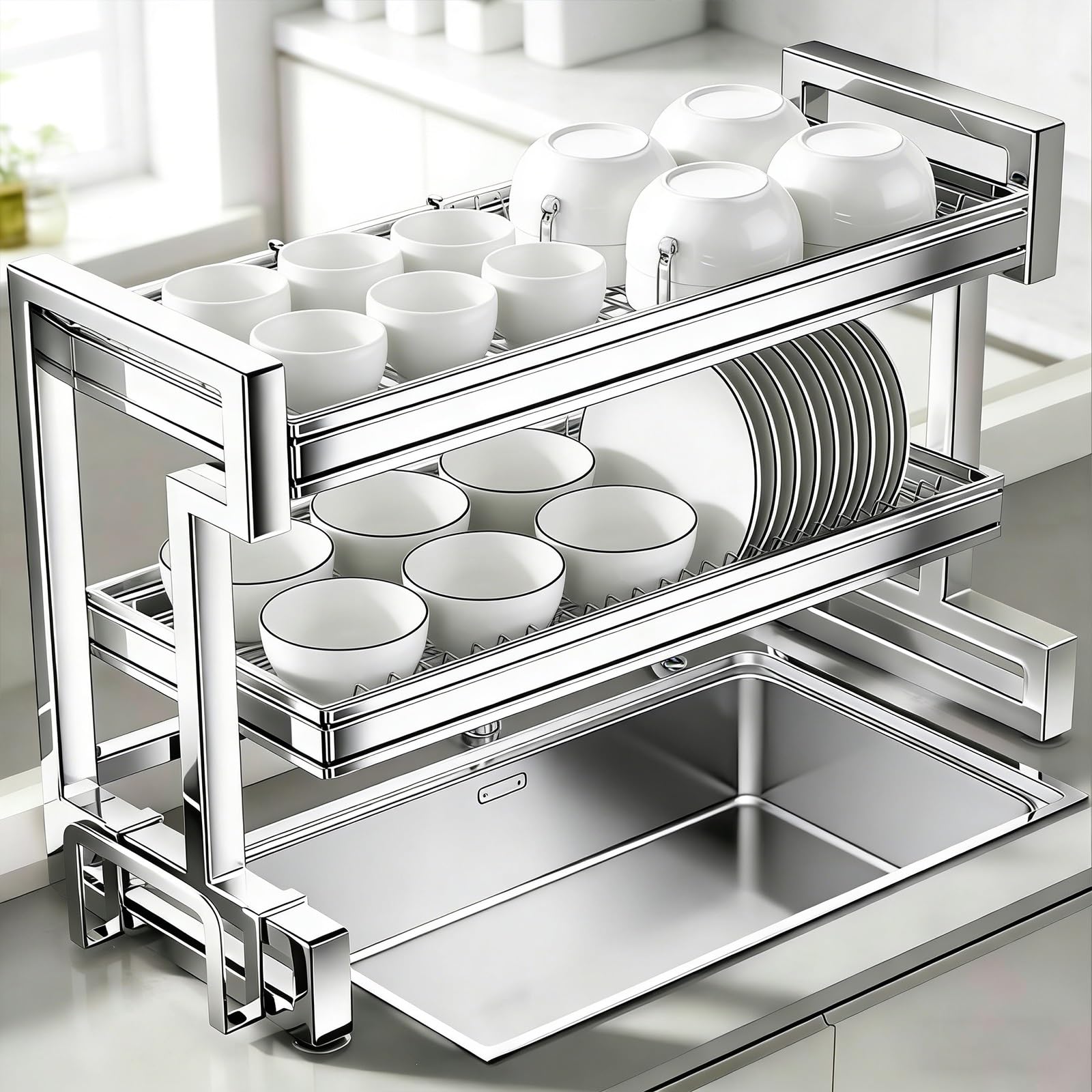 Doppelschichtiges Abtropfgestell für Küchenspüle, platzsparendes Abtropfgestell mit Messerhalter, Abtropfgestell für Spülbecken, 56 cm