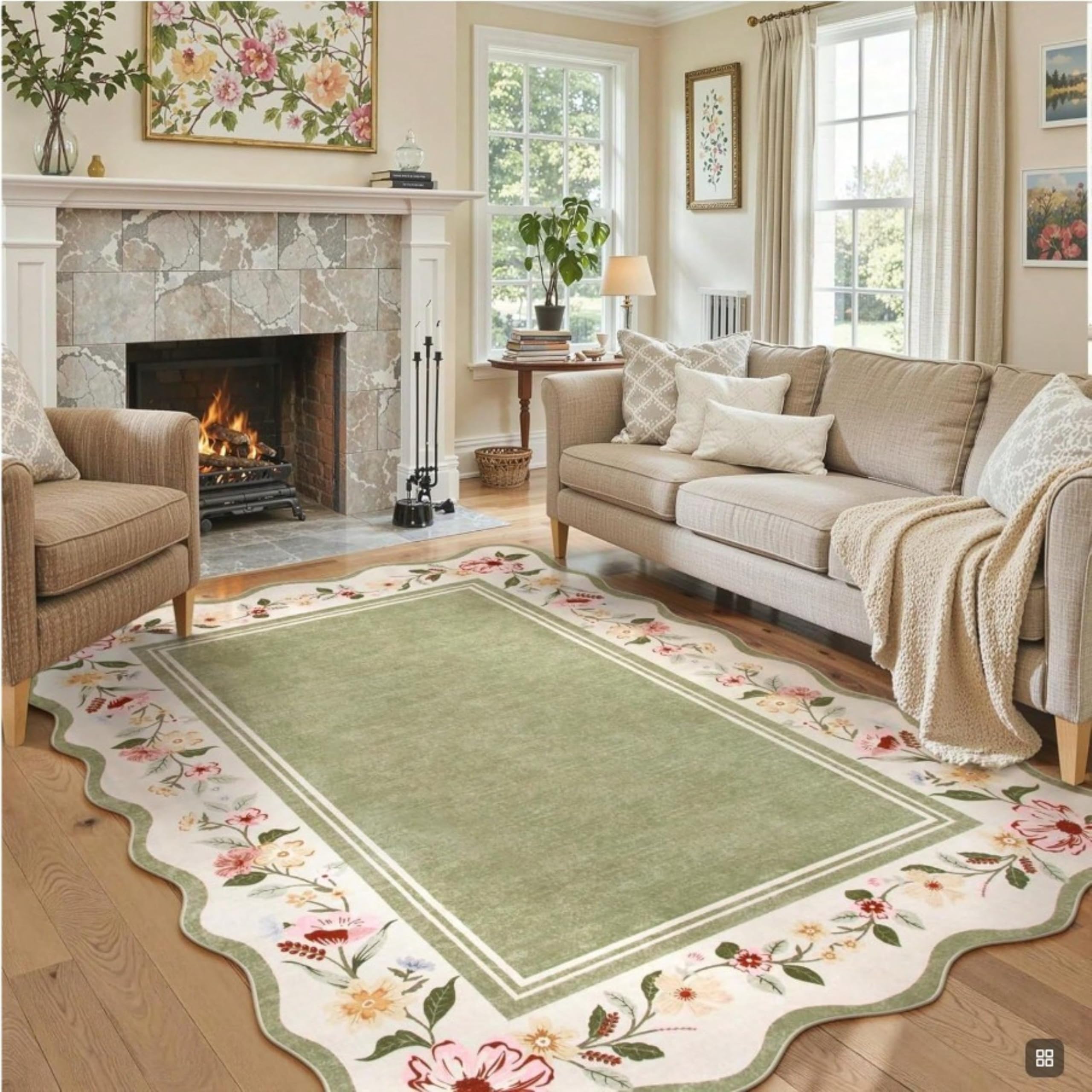 SOJAWA Rugs Living Room Green, 150x230cm,Non Slip Boho Floral Border Carpet,Washable Flower Area Rug for Dining Room Bedroom Kitchen Hall Lounge Office Low Pile Soft Carpets