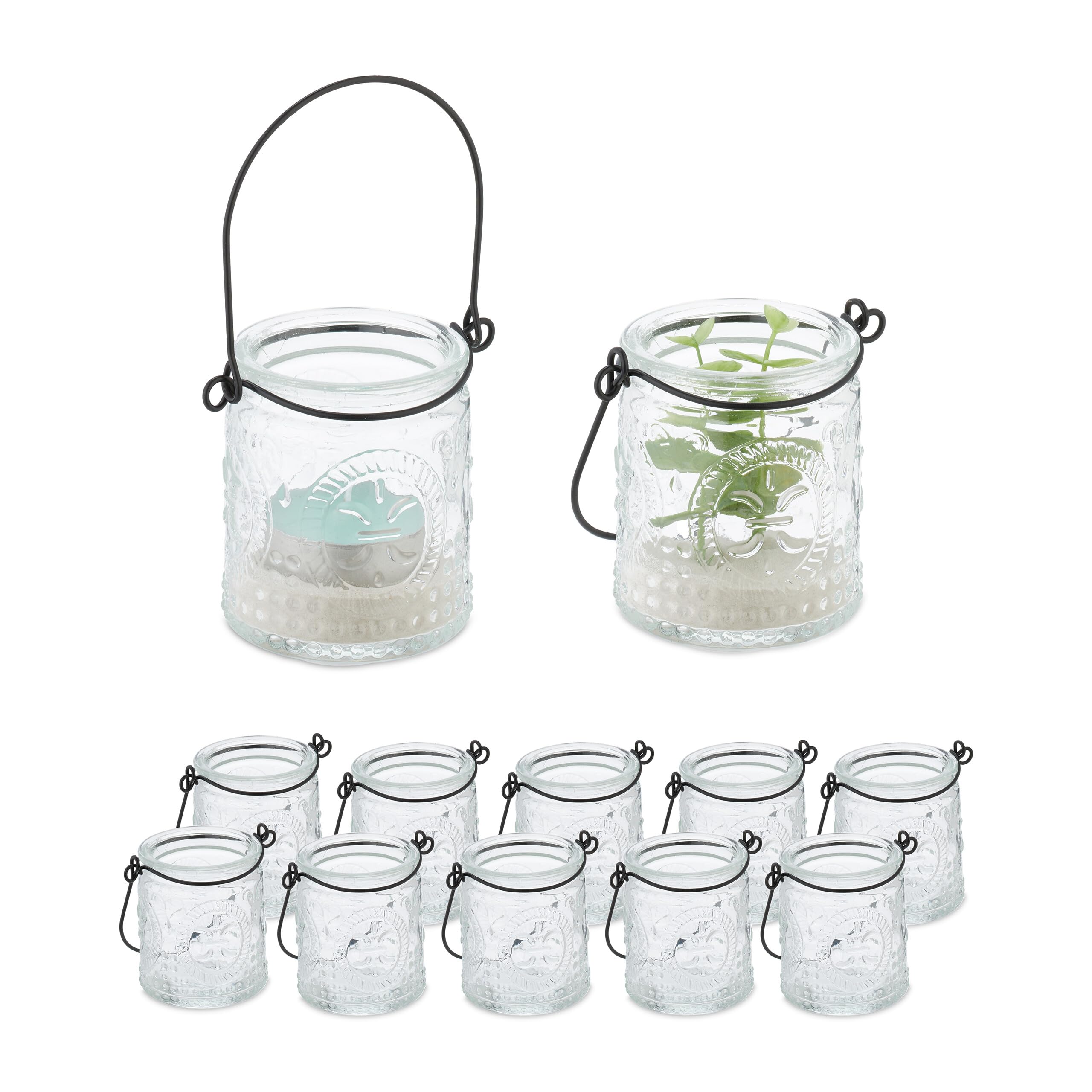 Relaxdays Candle Lanterns, Set of 12, Tealight Holders with Handle, Indoor & Outdoor, 7x6 cm, Wedding Decor, Clear/Black
