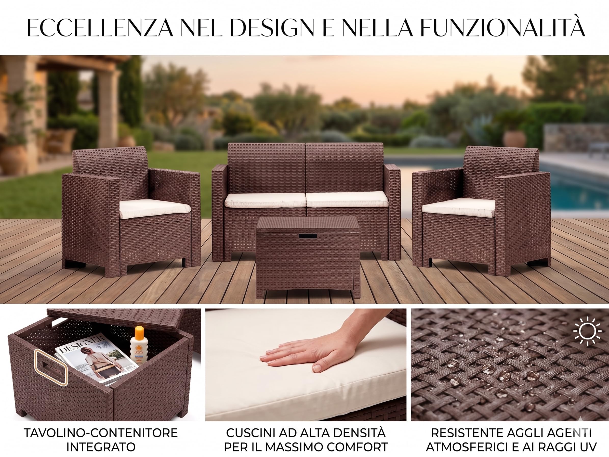 BERARDI Salon de jardin en polypropylène rotin, marron, 4 places, avec coussins, canapé, 2 fauteuils et table basse de rangement