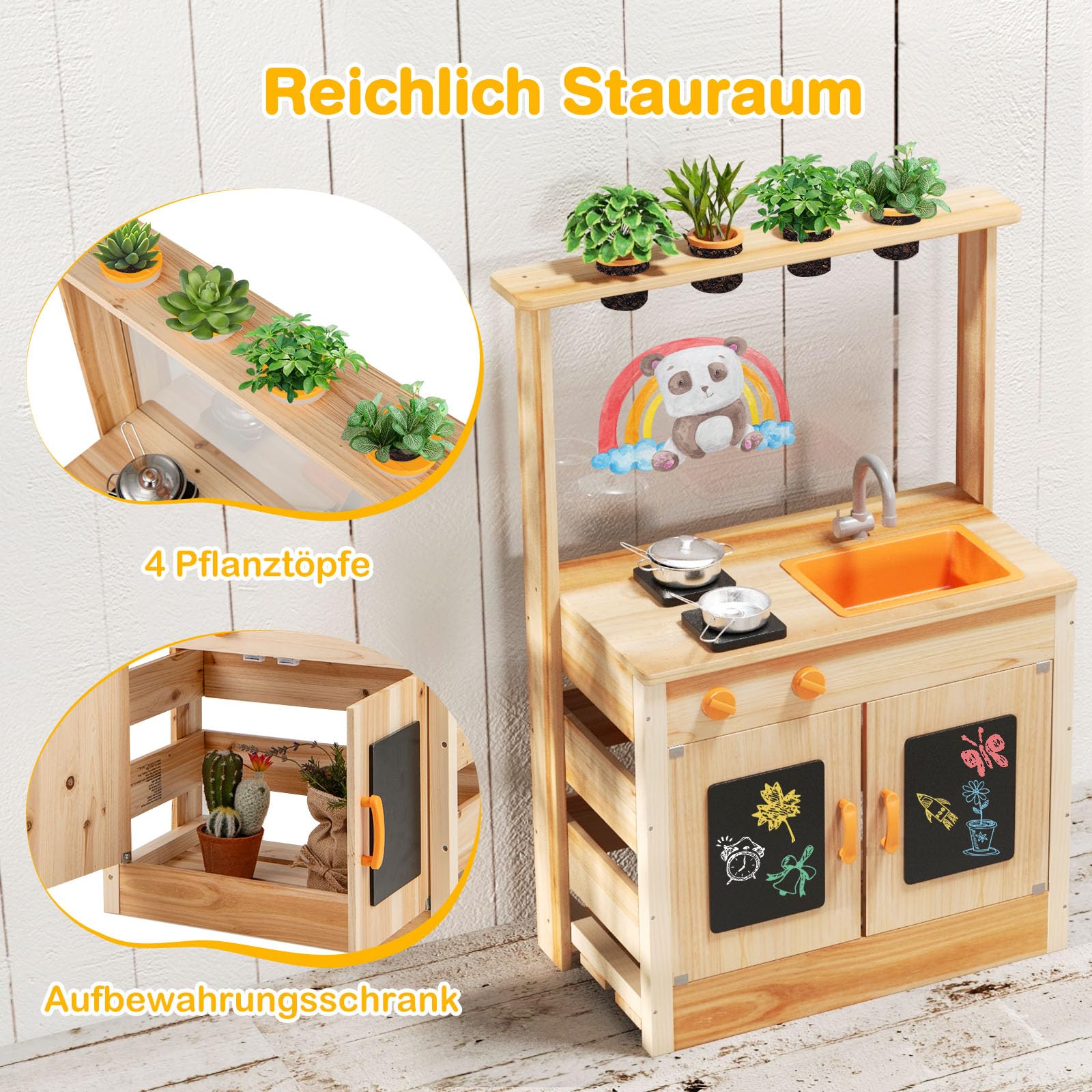 GOPLUS Matschküche Kinder, Spielküche Outdoor mit Pflanzentöpfen, Herdplatten, Abnehmbares Spülbecken, Kreidetafeln & Zubehör, Kinderküche Spielset für Garten und Hof, für Kinder ab 3 Jahren
