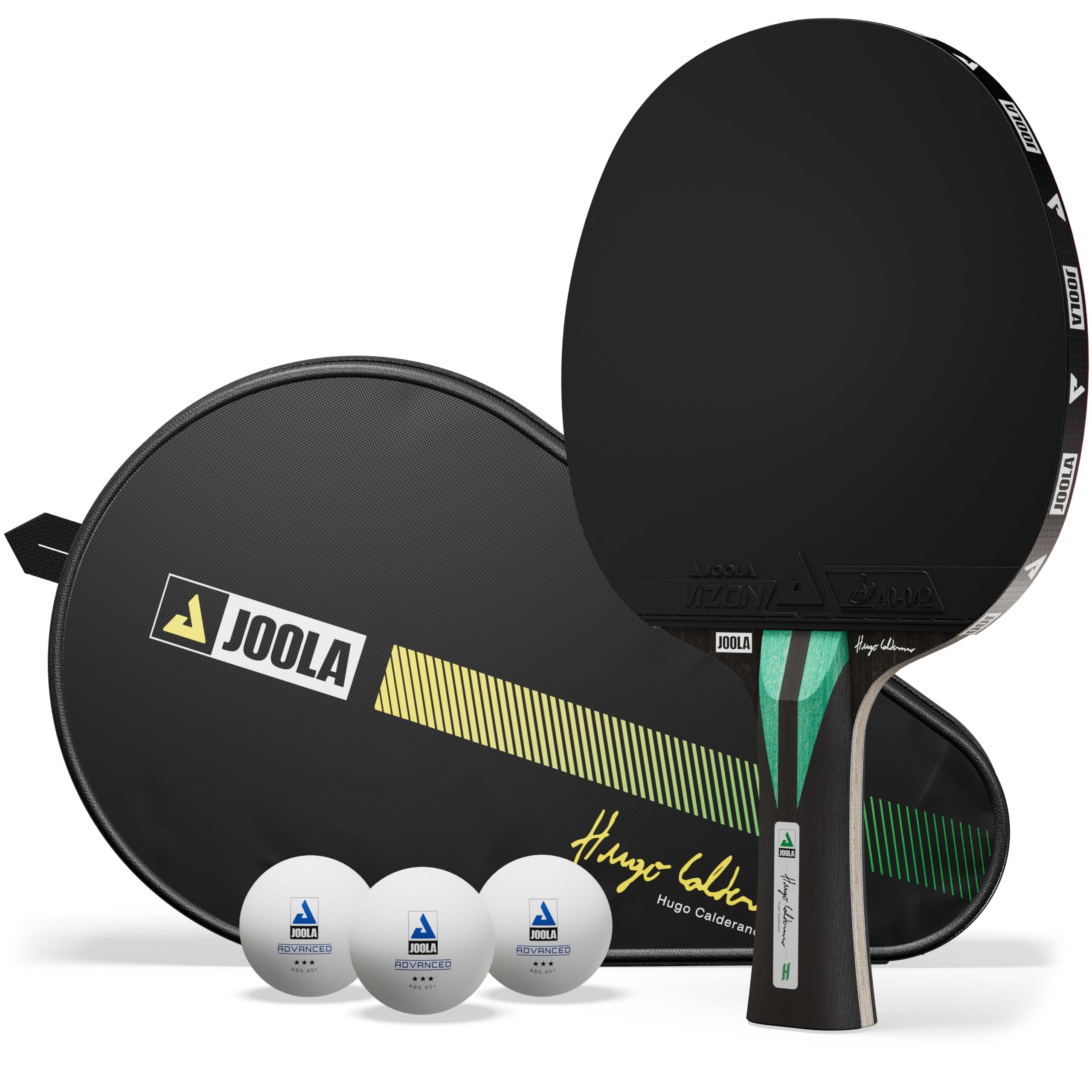 JOOLA Hugo Calderano Carbon Tischtennisschläger inkl. 3 Tischtennisbälle + Schlägerhülle, ITTF-zugelassen, VIZON-Beläge, schwarz/grün