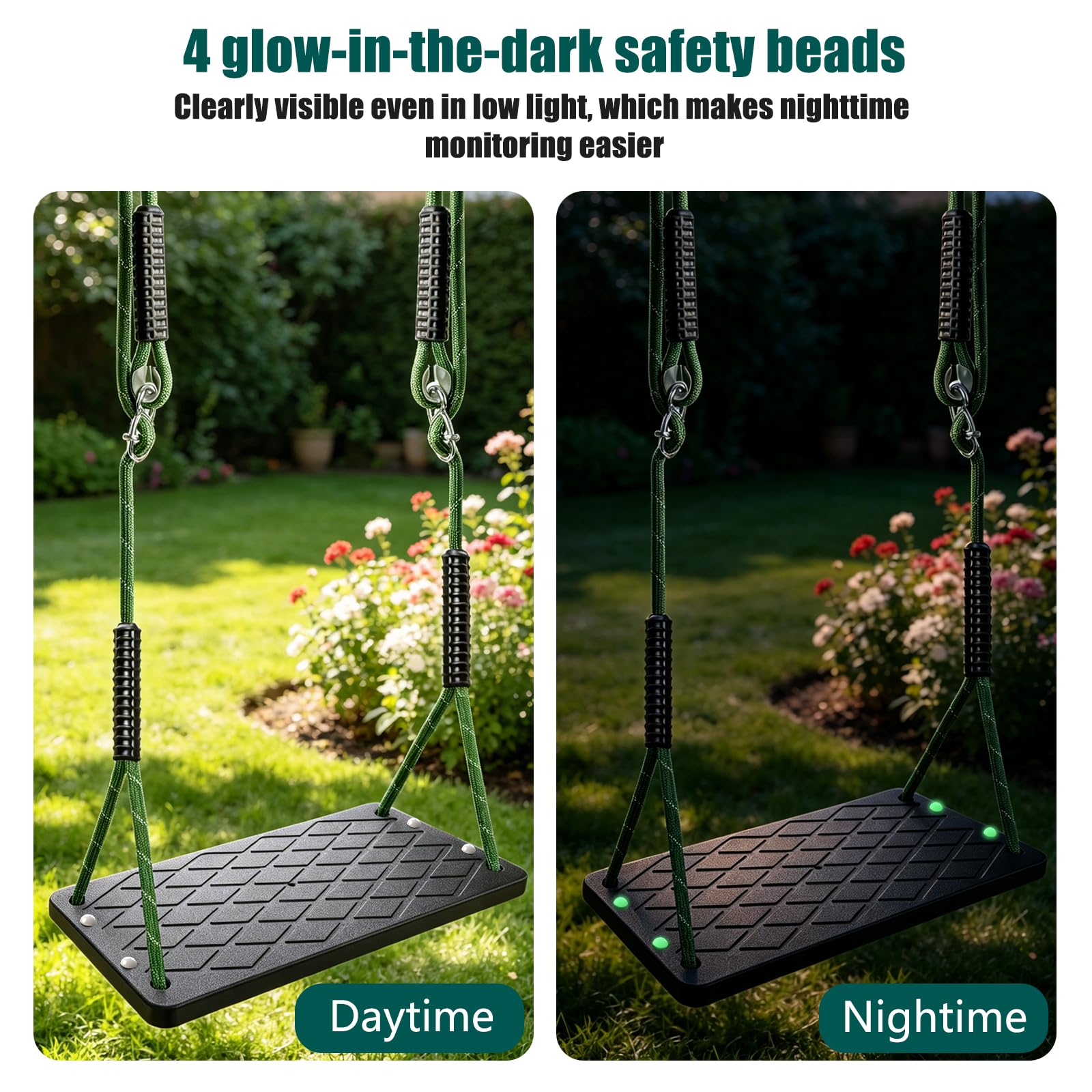 Altalena da giardino, antiscivolo, per interni ed esterni | 270 kg, sedia a dondolo regolabile in altezza con 2 moschettoni e perle luminose, robusta altalena da giardino, parco giochi