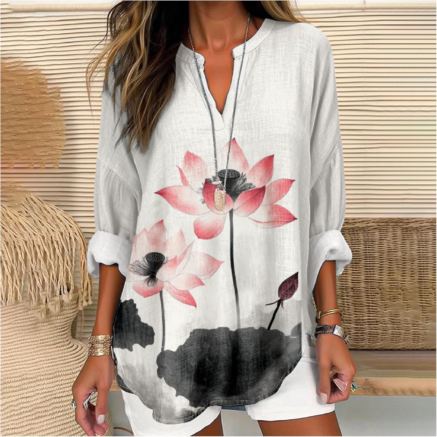 MARSVOVO V Neck Shirt For Women Boho Multi Style Blouse Long Sleeve Novelty Graphic Plus Size Pullover Tops For Women - Image 2