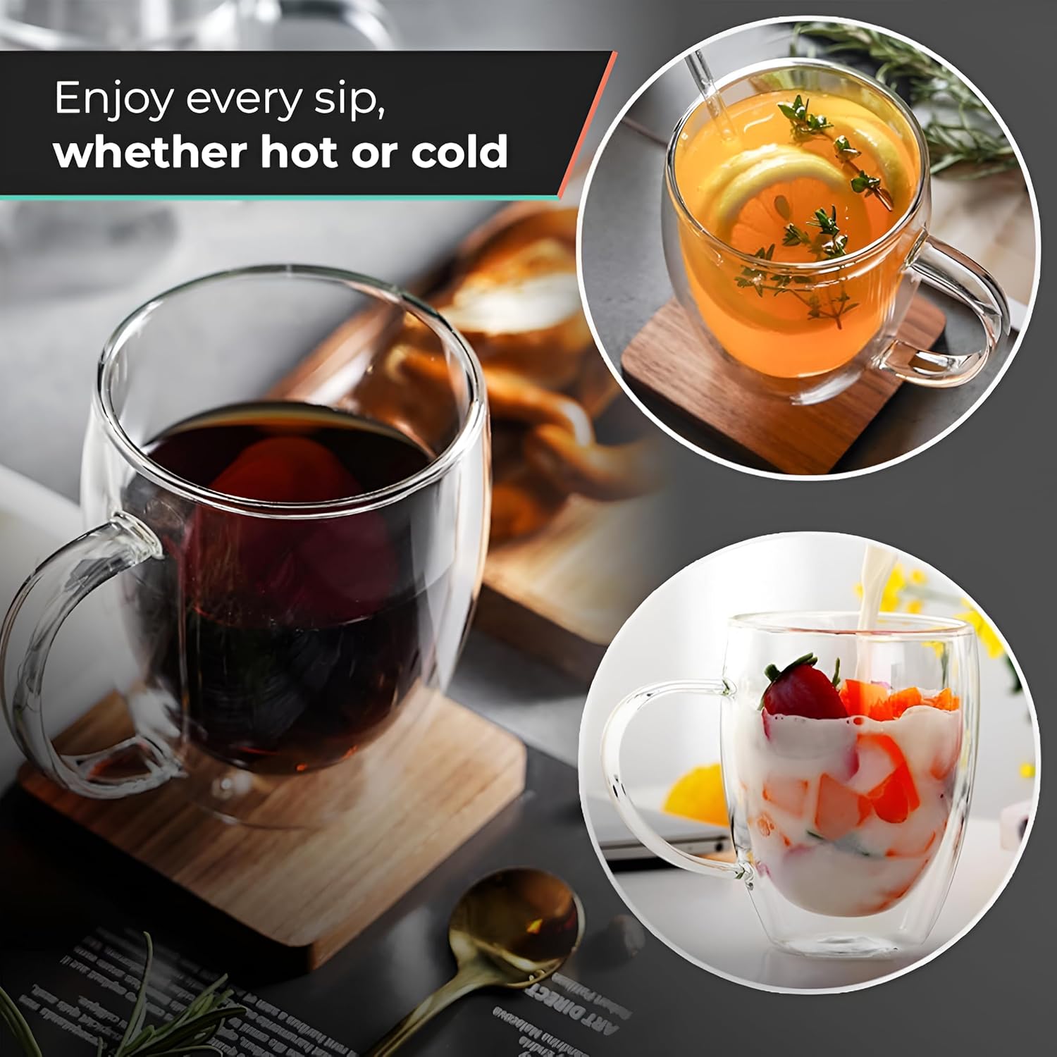 12 Oz Double Wall Borosilicate Insulated Glass Coffee Mug Set of 4, 350ml Coffee Cups with Handle for Cappuccino, Tea, Latte - Perfect Cappuccino Cup Gift