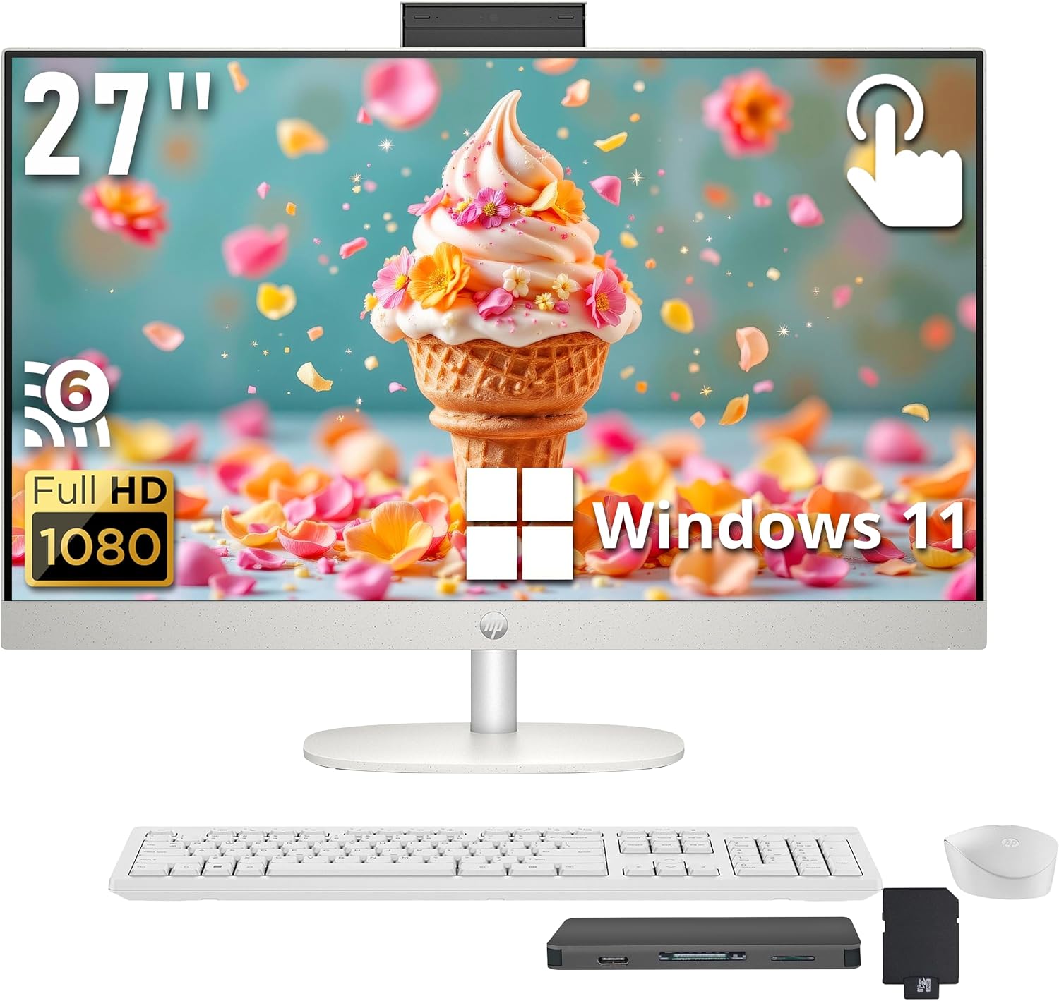 HP 27" FHD Touchscreen All-in-One Desktop, AMD Ryzen 5 7520U, 16GB LPDDR5, 672GB Storage (512GB SSD+160GB Docking Station), AMD Radeon Graphics, FHD IR Camera, Wi-Fi 6, Keyboard & Mouse, Win 11, White
