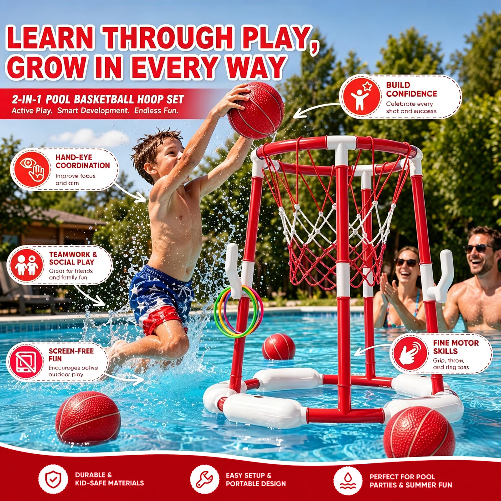 Yuragim Canasta de Baloncesto para Piscina, Juguete Inflable Flotante y Estacionario con 4 Pelotas, 12 Anillos de Lanzamiento, Red y Bomba, Ideal para Niños de 4 a 12 Años
