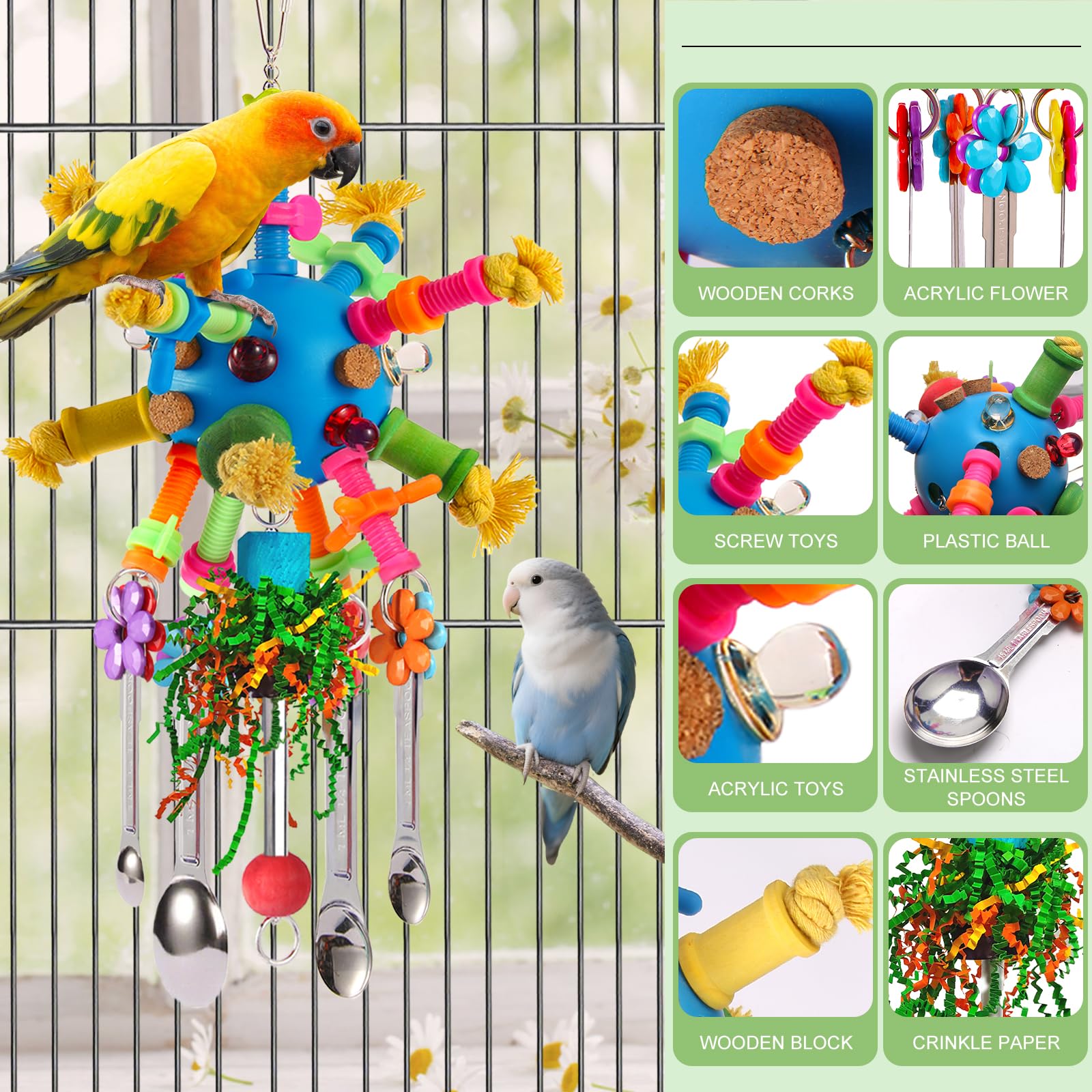 Parrot Toys Bird Toys Perch Pullable Stainless Steel Spoons Colorful Acrylic Stick Chew Toys for Amazons Mini Macaws African Greys Cockatoos Conures, Cockatiels, Lovebirds, Parrotlets and Other (blue) - image 3