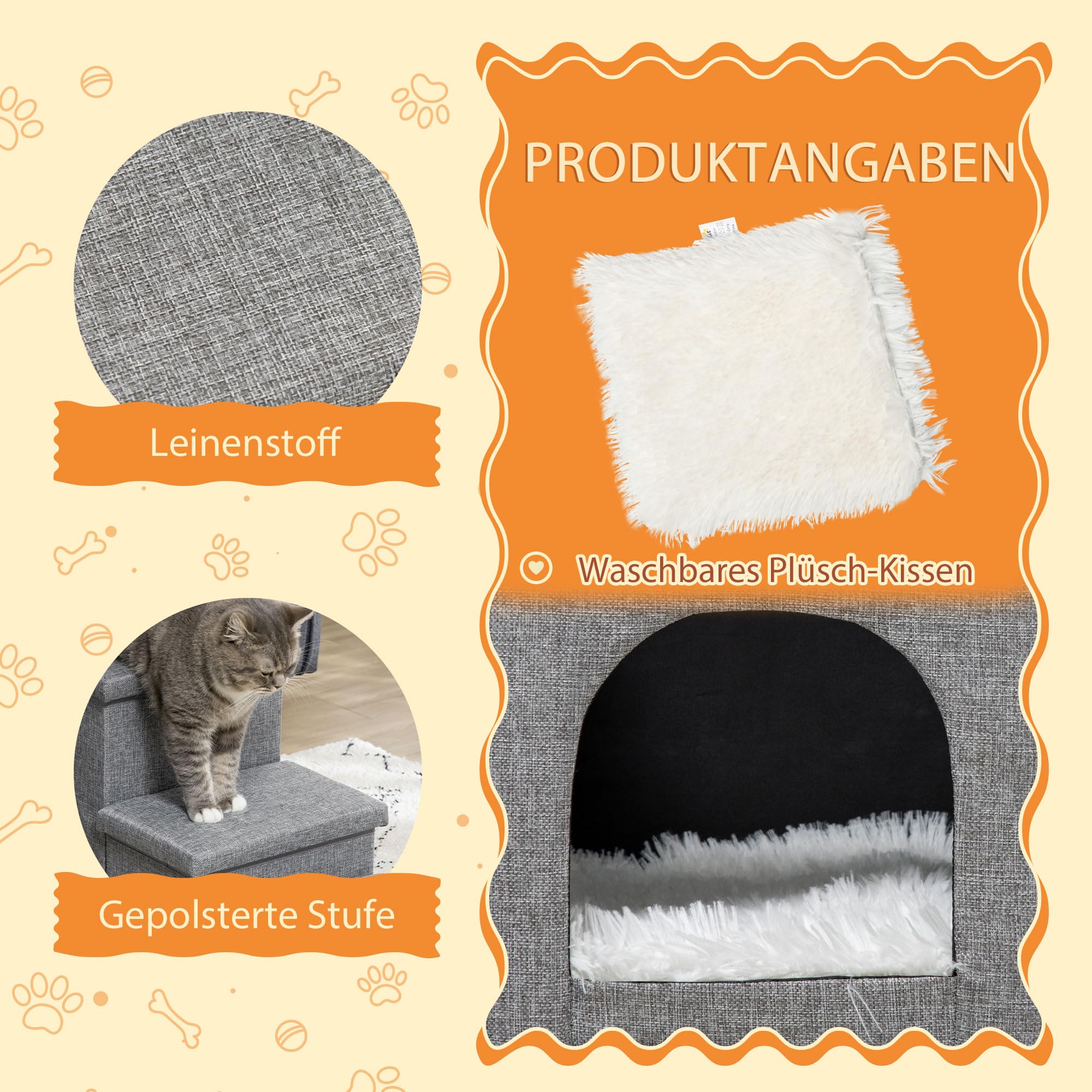 PawHut Hundetreppe 3 Stufen 40,5 cm Hoch Kissen für Kleine Hunde Hellgrau | Haustiertreppe mit Höhle, Stauraum, Katzentreppe, Hunderampe, Waschbar Bezug, Einstiegshilfe für Bett, Sofa, Couch und Auto
