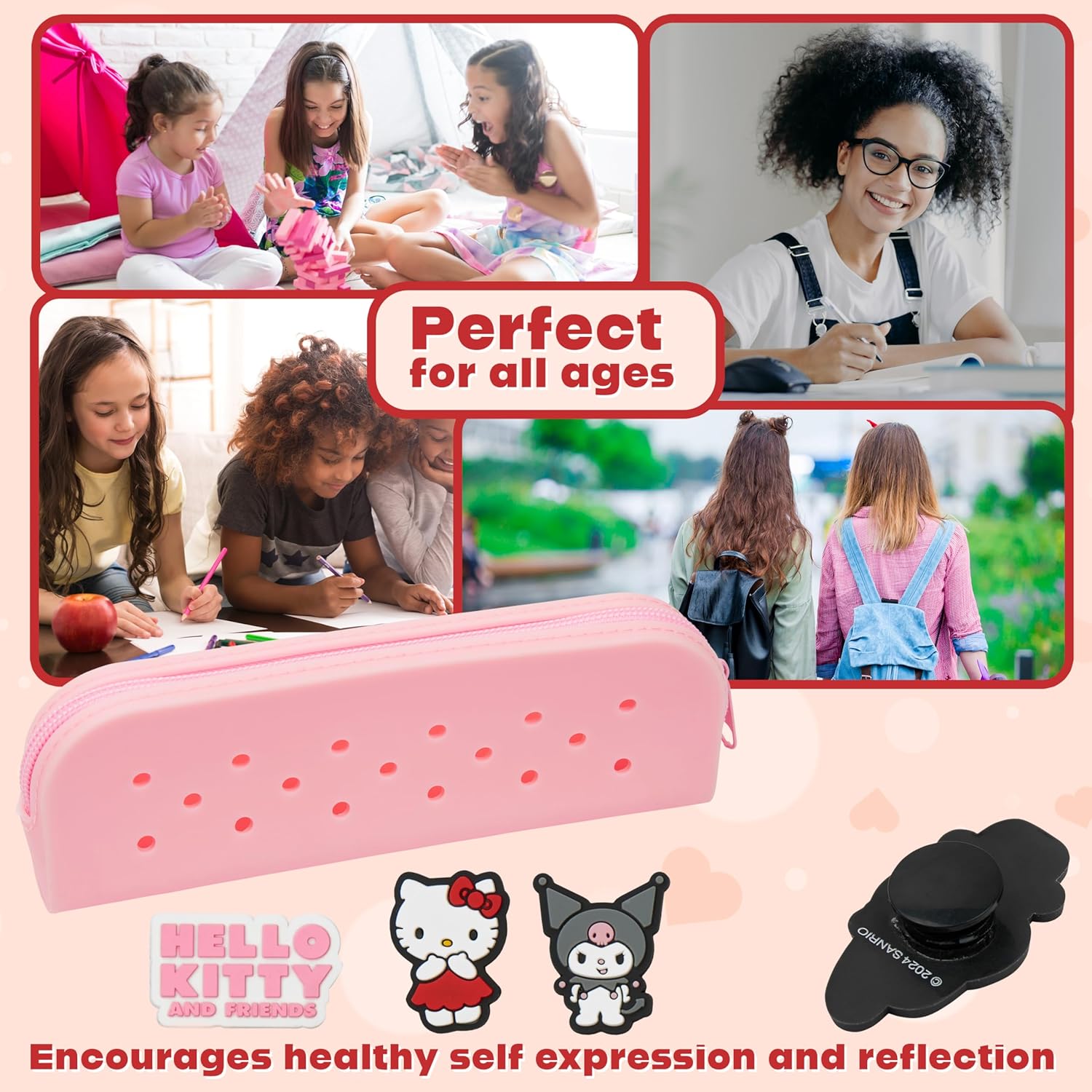 Hello Kitty A5 Customizable Notebook and Zipped Pencil Case, Kawaii Stationery Set with Character Chibi Pins Sticky Notes, Anime Gifts for Kids