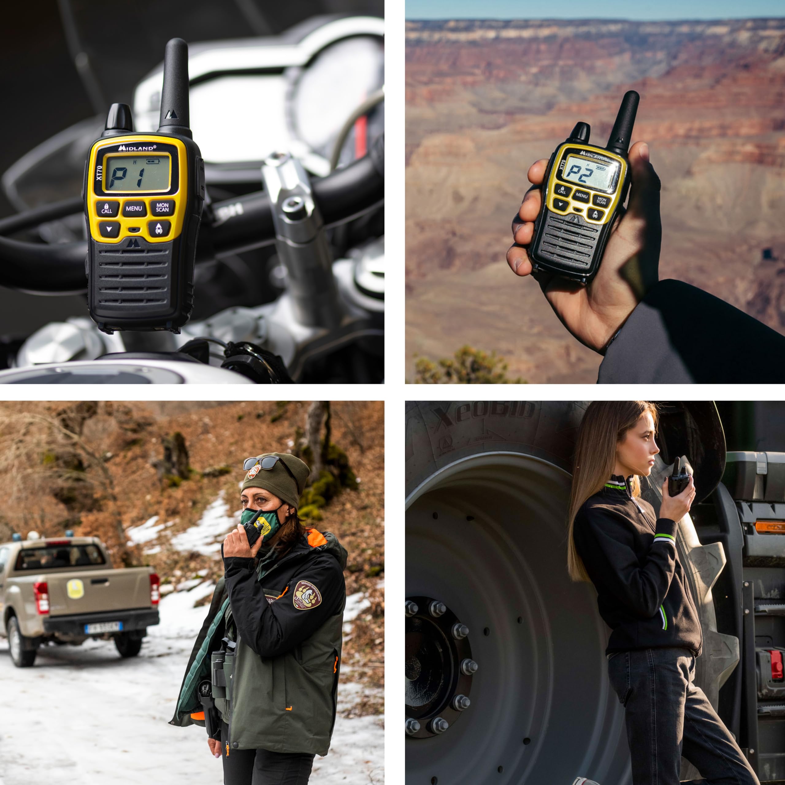 Midland C1180.01 XT70 Adventure Talkie Walkie - Émetteur-Récepteur Radio Pro Bi-bande à Recharge Rapide - Jaune - 69 LPD et 24 PMR446, 12 km, 38 Tonalités et 83 Codes - Lot de 2 Émetteurs-Récepteurs