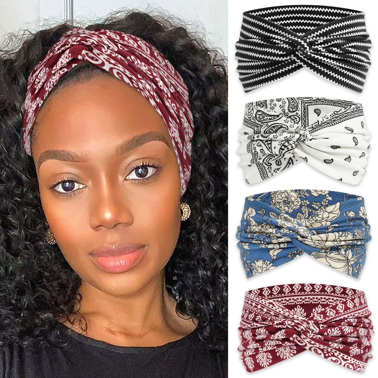 Boho Bandana Headband For Women Floral Wide Headbands Paisley Criss Cross Turban Head Wraps Non Slip Hair Scarf Head Bands Striped Cute Hairband Fashion Hair Accessories For Girls Teens 4 Pack