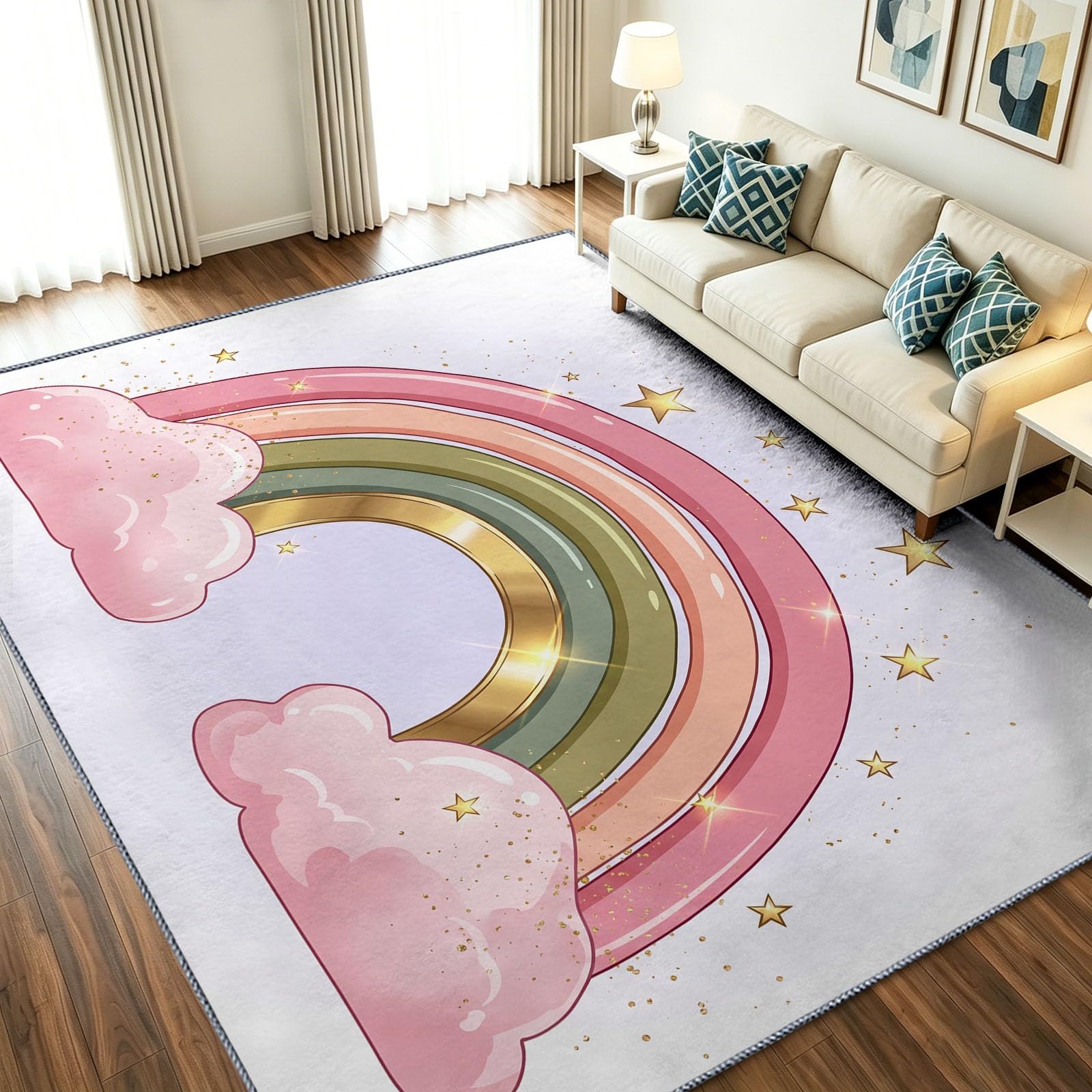 Dywanik do salonu, antypoślizgowy, 100 x 150 cm, biały, nadaje się do prania, łatwy w pielęgnacji, wytrzymały, z motywem z kreskówki, z krótkim włosiem, dywanik nocny, tęczowy, chmury, gwiazdy, dywan