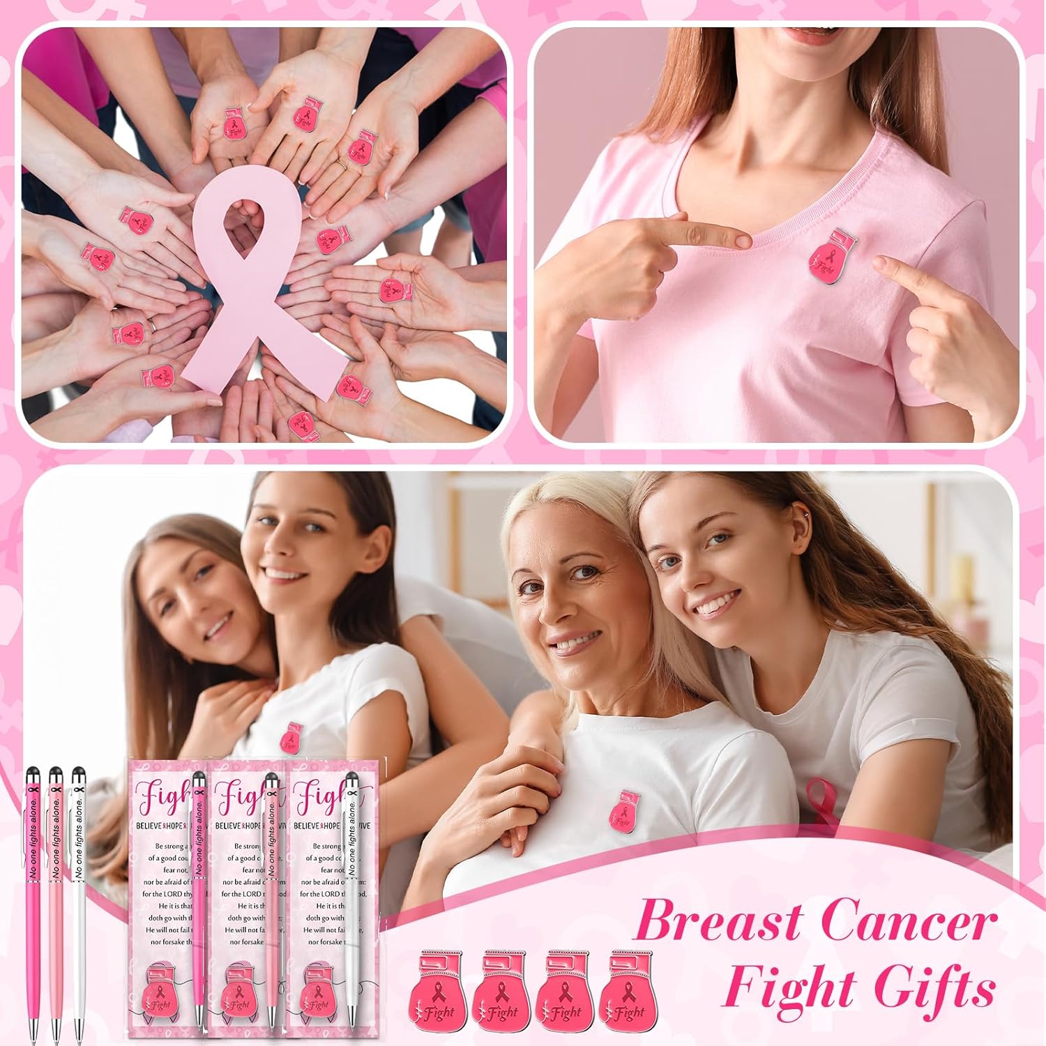 Liliaafar 60 Set Breast Cancer Awareness Items Cancer Care Gifts Bulk No One Fights Alone Ballpoint Pens & Pink Ribbon Lapel Pins Boxing Glove Brooches Charity Event Accessories for Women Girls