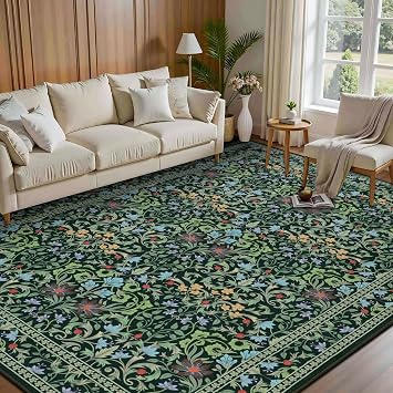 5x7 Area Rugs for Living Room, Washable Dark Green Rugs for Bedroom Low Pile Boho Living Room Area Rug for Office Dining Room Home Indoor Decor