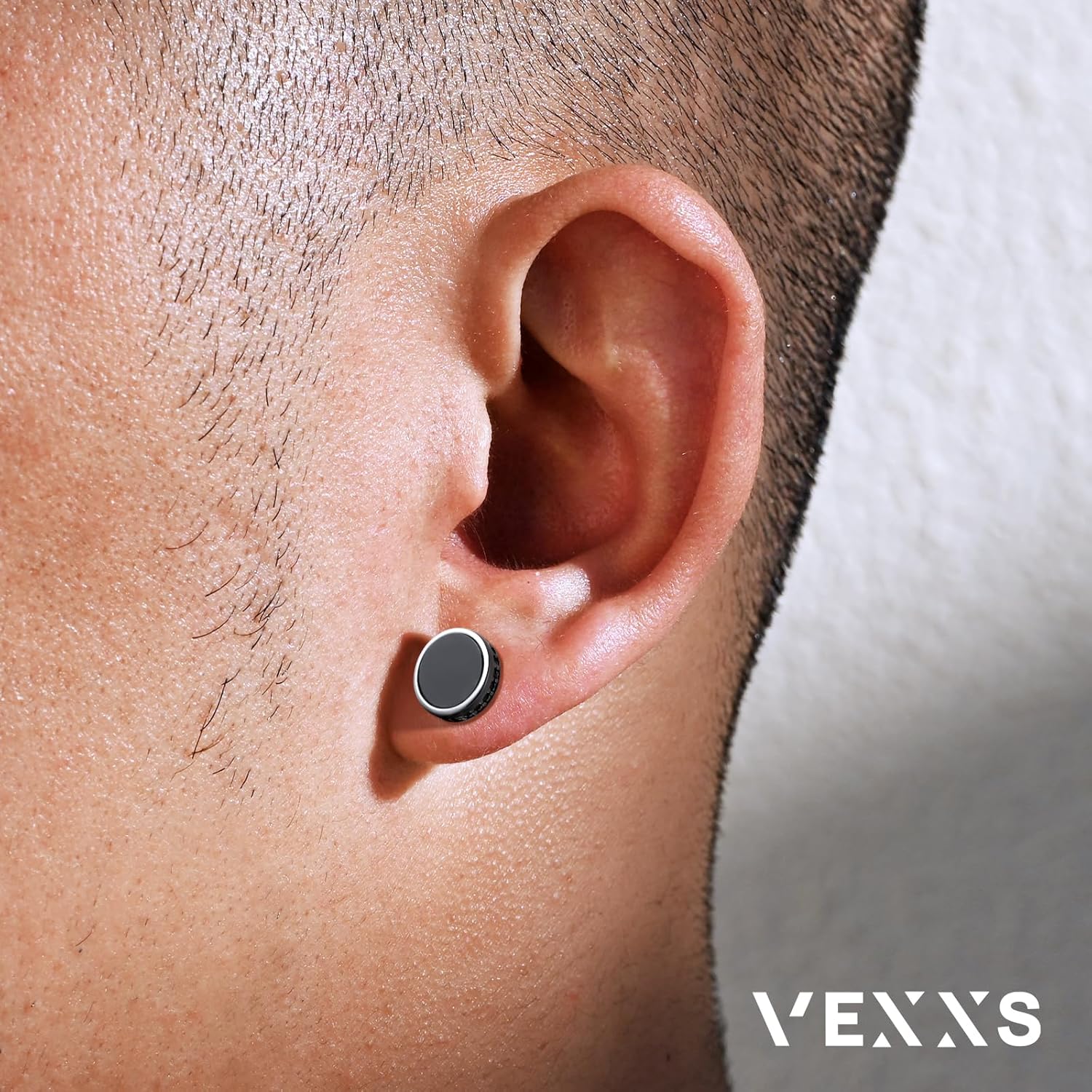 VEXXS Men’s Stud Earrings, S925 Sterling Silver Earrings, 18K Real Gold Plated Diamond Earring, Micro Pave 5A Cubic Zirconia Stones Men’s Black Earring - Image 3