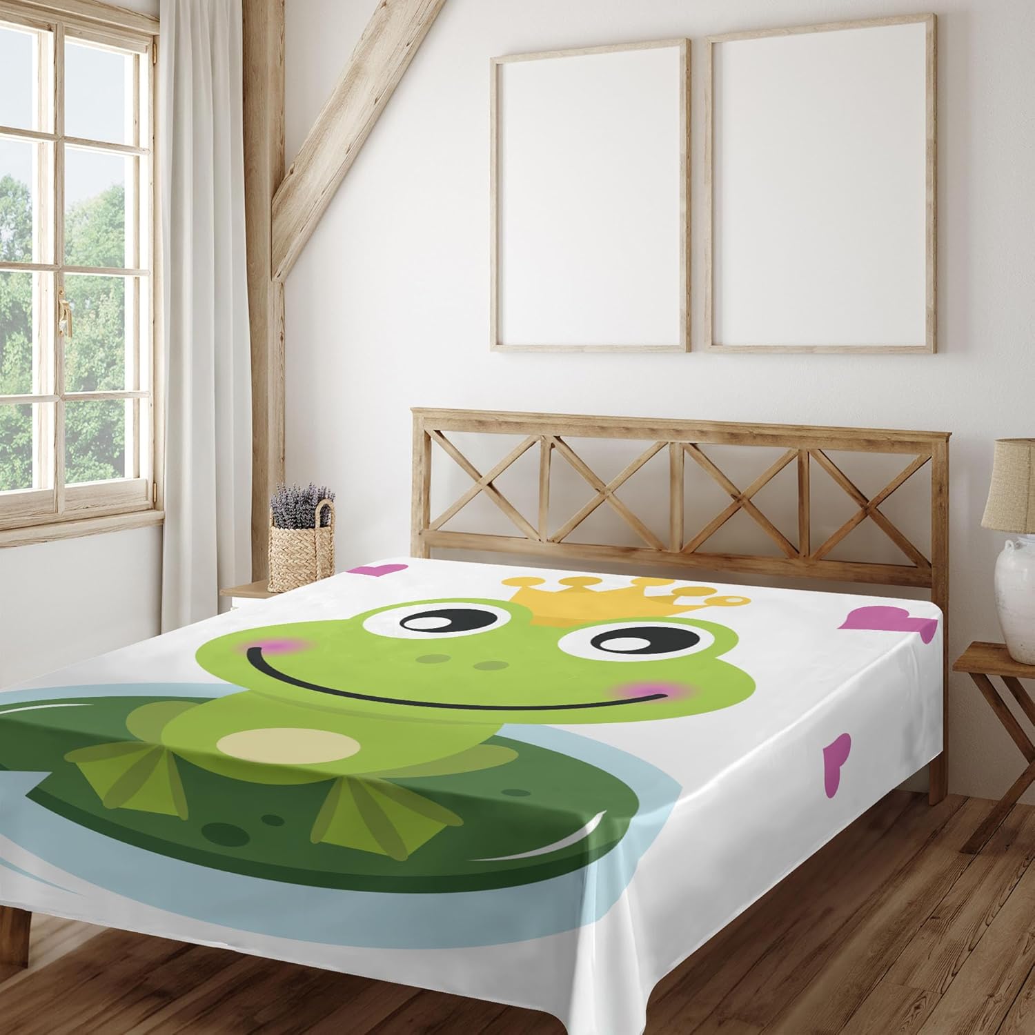 Ambesonne Animal Flat Sheet, Cartoon Cheerful Frog Prince with a Crown and Hearts Character Doodle, Soft and Comfortable Top Sheet Decorative Bedding 1 Piece, Full Size, Multicolor