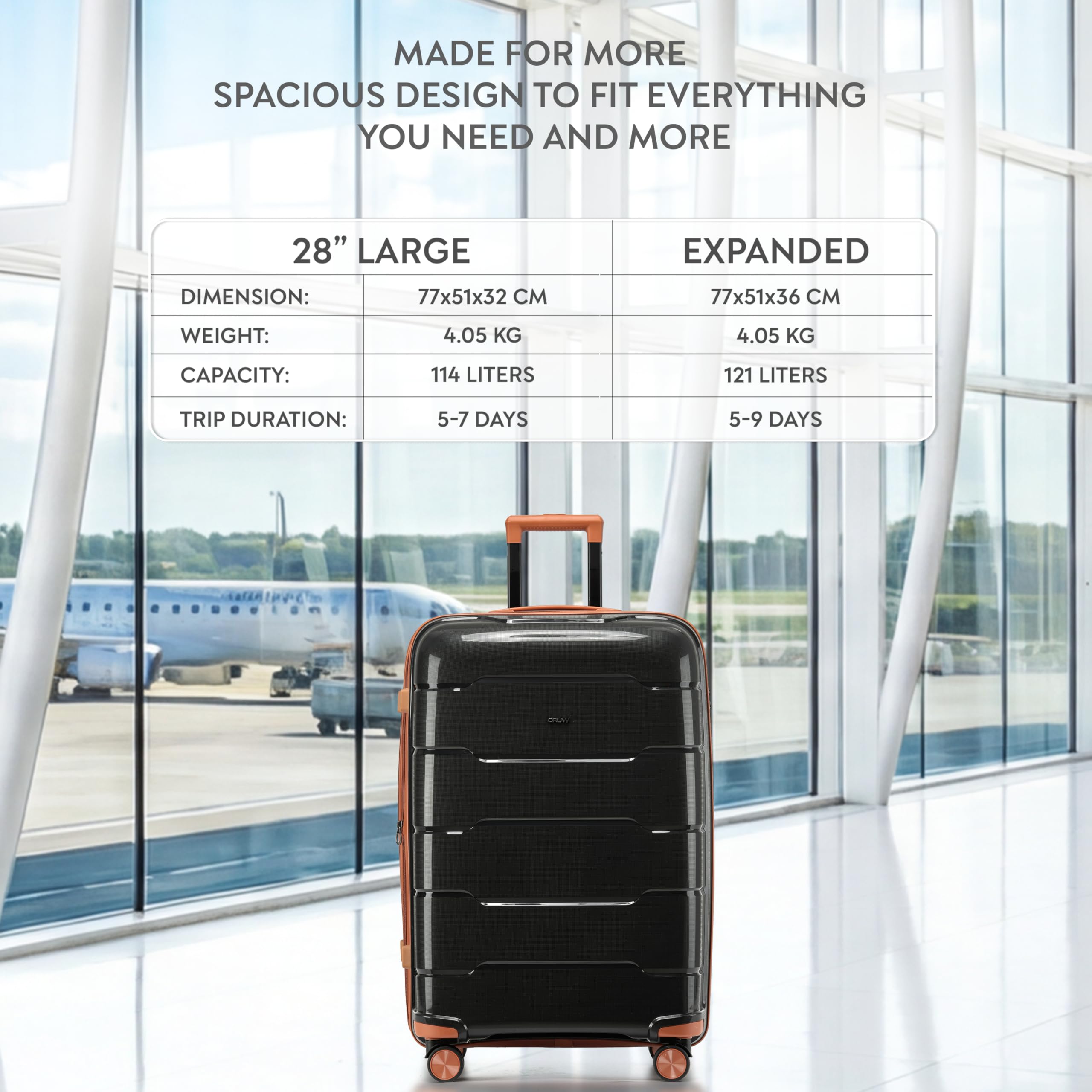 CRUW Large 28" Checked Luggage 77x51x32cm + Expandable Hold Baggage (114/121 Liters) Polypropylene Suitcase TSA Approved Lock 8 Silent Spinner Wheels Lightweight Suitcases Airline-Approved Travel