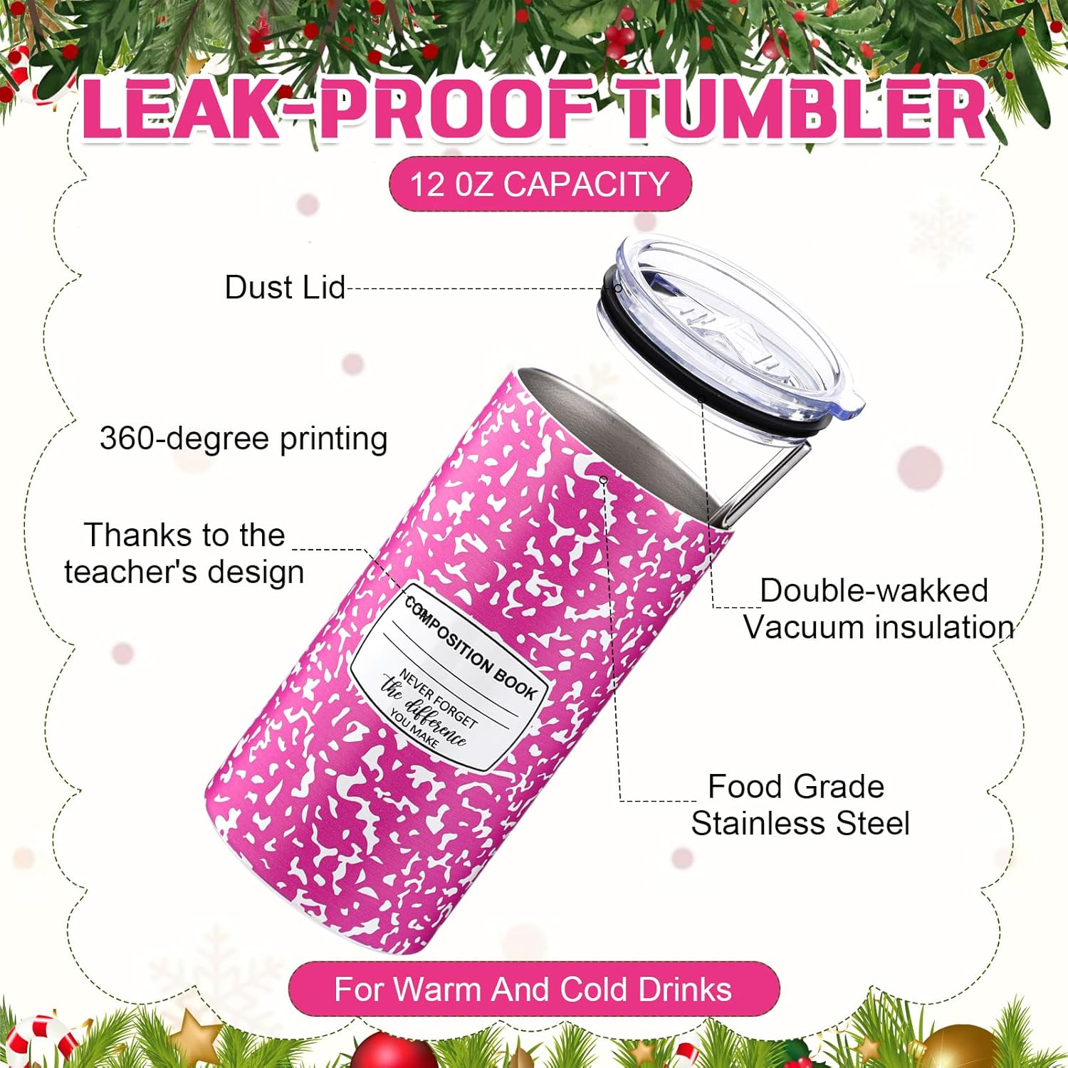 Sieral 4 Pcs Teacher Appreciation Gifts for Women Teacher Appreciation Week Gifts with Clear Box Composition Book Printed 12 oz Insulated Tumbler Pencil Pouch Keychain Thank You Gift(Pink) - Image 3