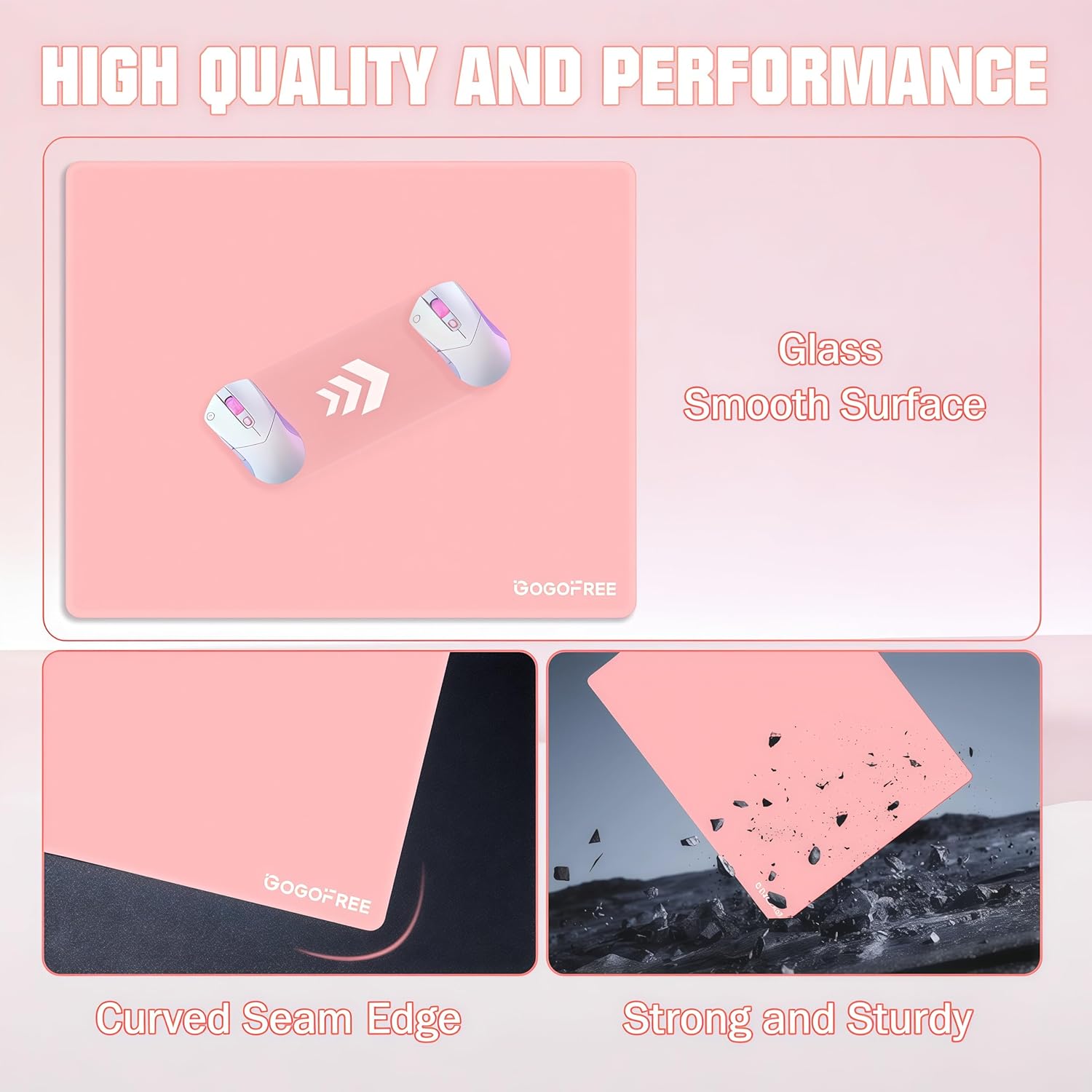 gogofree Glass Mousepad for Gaming, Ultra Smooth Mouse Mat with Hard Surface, Large Tempered Glass Mouse Pad Precision Speed Control for Games and Office (Pink, 19.7" L x 15.7" W)