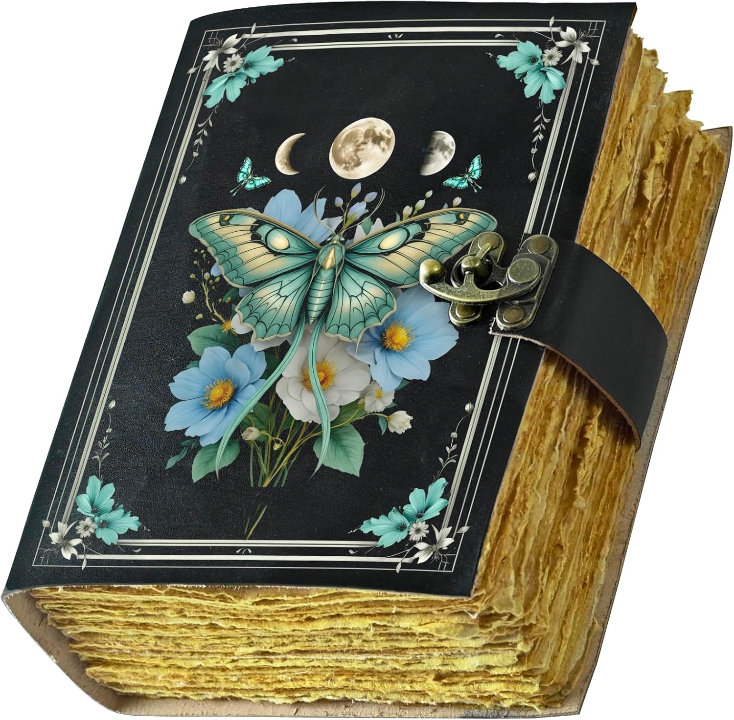 Blank Spell Book of Shadows Journal with Lock Clasp Vintage Handmade Leather Luna Moths and Morpho Butterfly Print Diary Prayer Pagan Witchcraft Supplies Wiccan Decor Notebook Daily