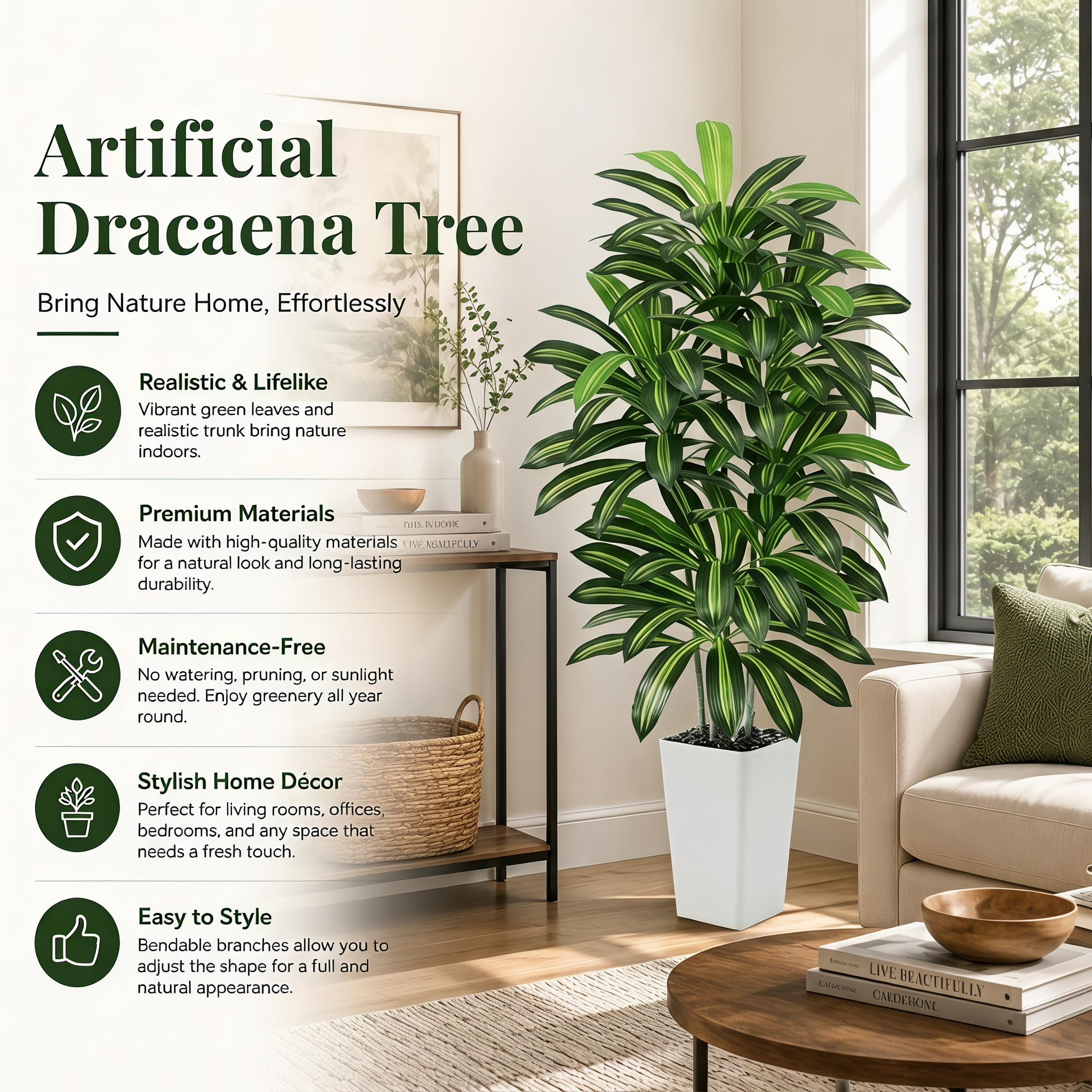 Künstliche Drachenbaum Pflanzen 180cm, Dracaena Kunstpflanzen Groß wie echt | Kunstbaum mit 120 Blätter, Weißer Topf mit Kieselsteine, Fake Pflanzen für Wohnzimmer Schlafzimmer Büro Balkon Indoor Deko