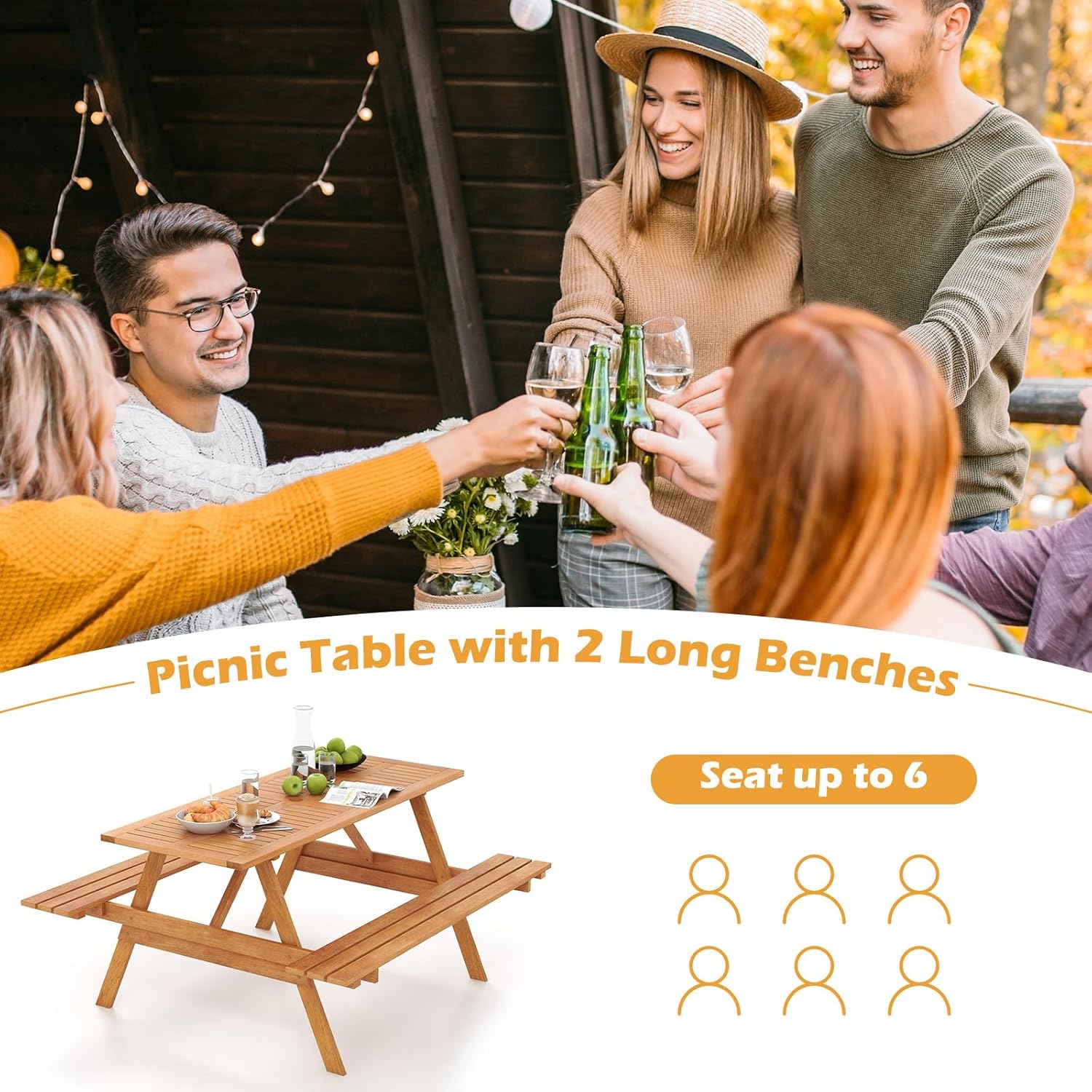 Tangkula Picnic Table with 2 Benches, Outdoor Wood Picnic Table Bench Set with 2-Inch Umbrella Hole, Slatted Tabletop & Seat, Outside Table and Bench Set for Garden, Backyard, Porch, Patio