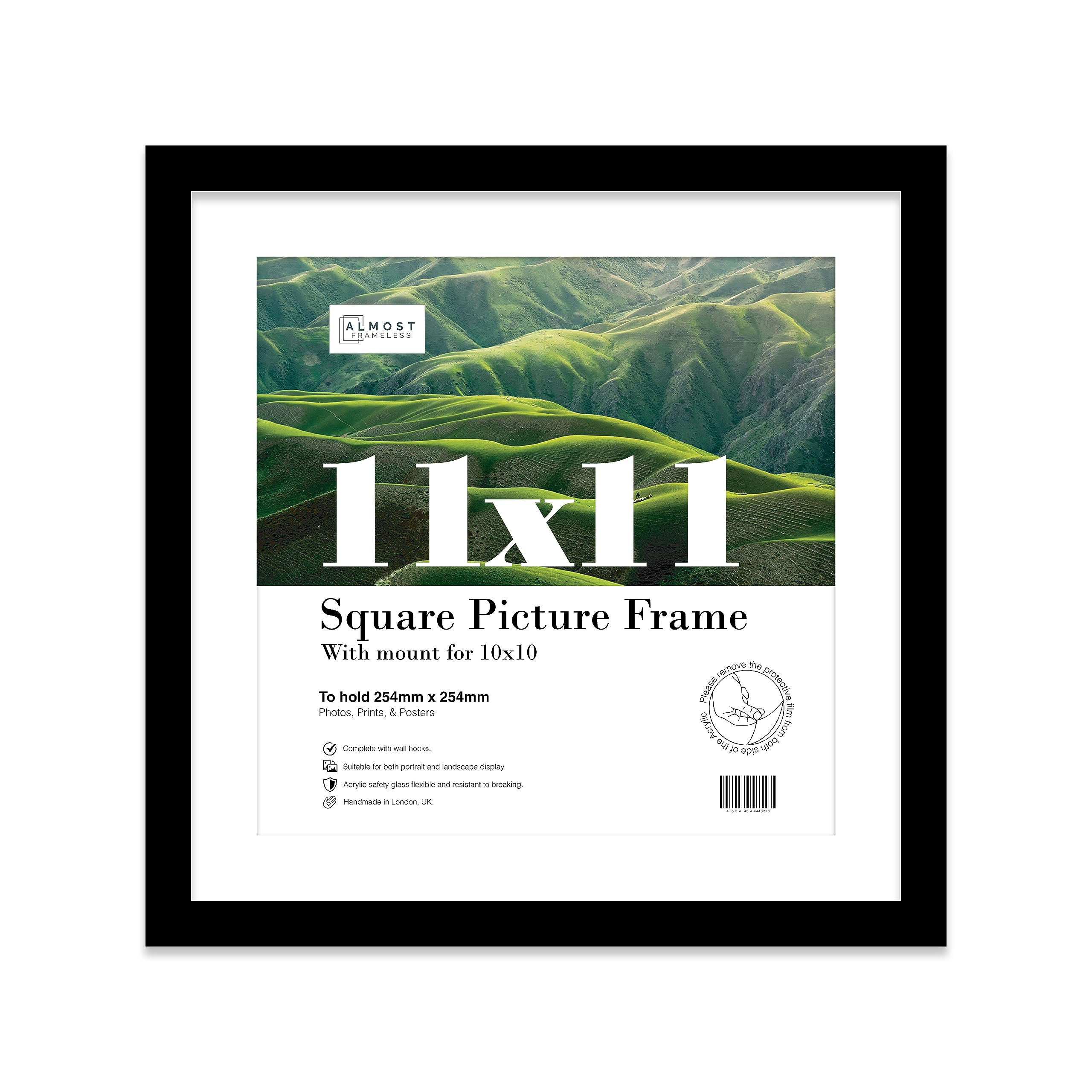 Almost Frameless 11x11 Picture Frame, Display Pictures 10x10 With Mat or 11x11 Without Mat, Wall Hanging Photo Frame, Black, 1 Pack