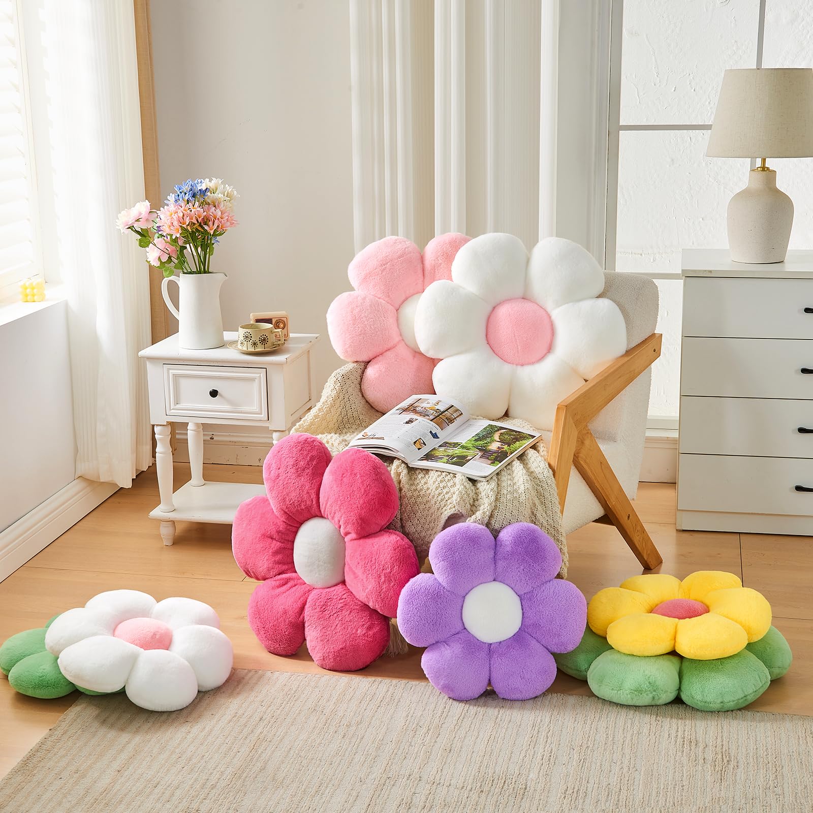 Mepherl Yellow Flower Pillow, Soft Daisy Shaped Throw Pillows with Faux Rabbit Fur for Home Decorative,Cute Flower Throw Pillow Cushion for Bed Sofa Couch (Small - 15.7 Inch)