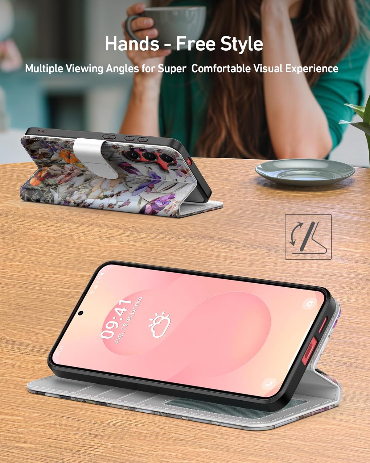 DEENAKIN for Samsung Galaxy S25 Wallet Case with Card Holder + Cash Clip, RFID-Blocking, Military-Grade Protection & UV-Printed Artwork, Magnetic Closure with Leather Kickstand - Marbled Floral Veins - Image 3