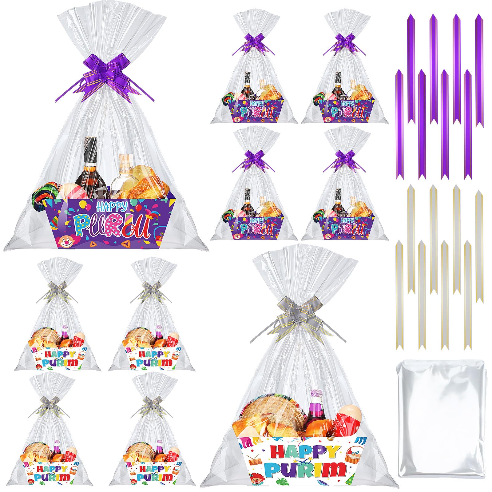 Cholemy Purim - Juego de 24 cestas de regalo vacías que incluye 8 bandejas de mercado de papel kraft, 8 bolsas y 8 lazos, regalos de fiesta de carnaval judío, caja de cartón para regalos vacía con