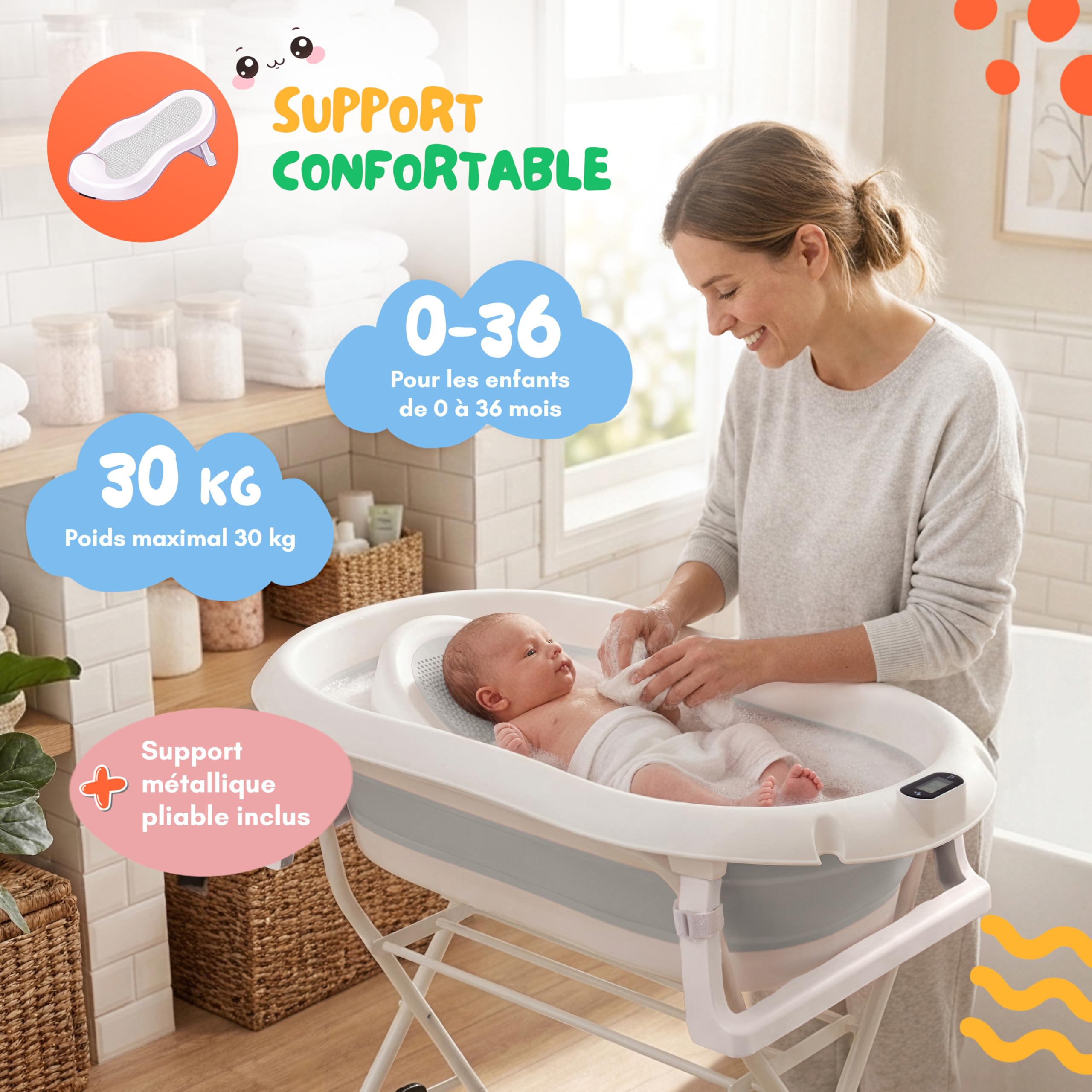 Baignoire bébé pliable 80 cm grise avec thermomètre siège de bain drainage