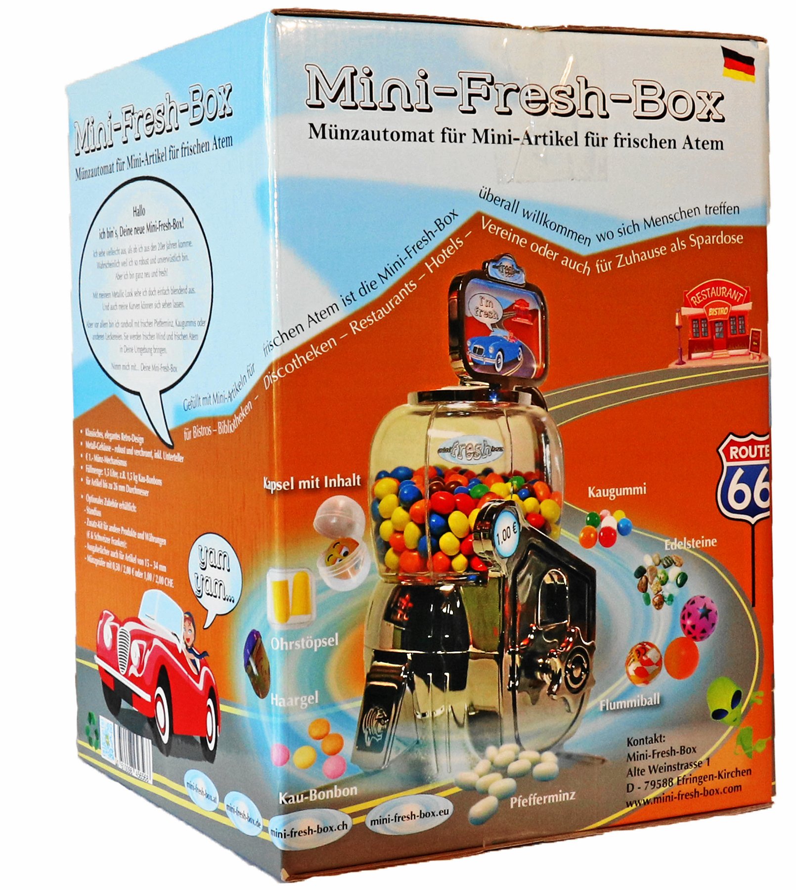 Mini-Fresh-Box Verkaufsautomat mit Münzeinwurf, robuster Süsswarenautomat und Kaugummiautomat im Retro-Design