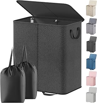 Lifewit Double Laundry Hamper with Lid and Removable Laundry Bags, Large Collapsible 2 Dividers Dirty Clothes Basket with Handles for Bedroom, Laundry Room, Closet, Bathroom, College, Black