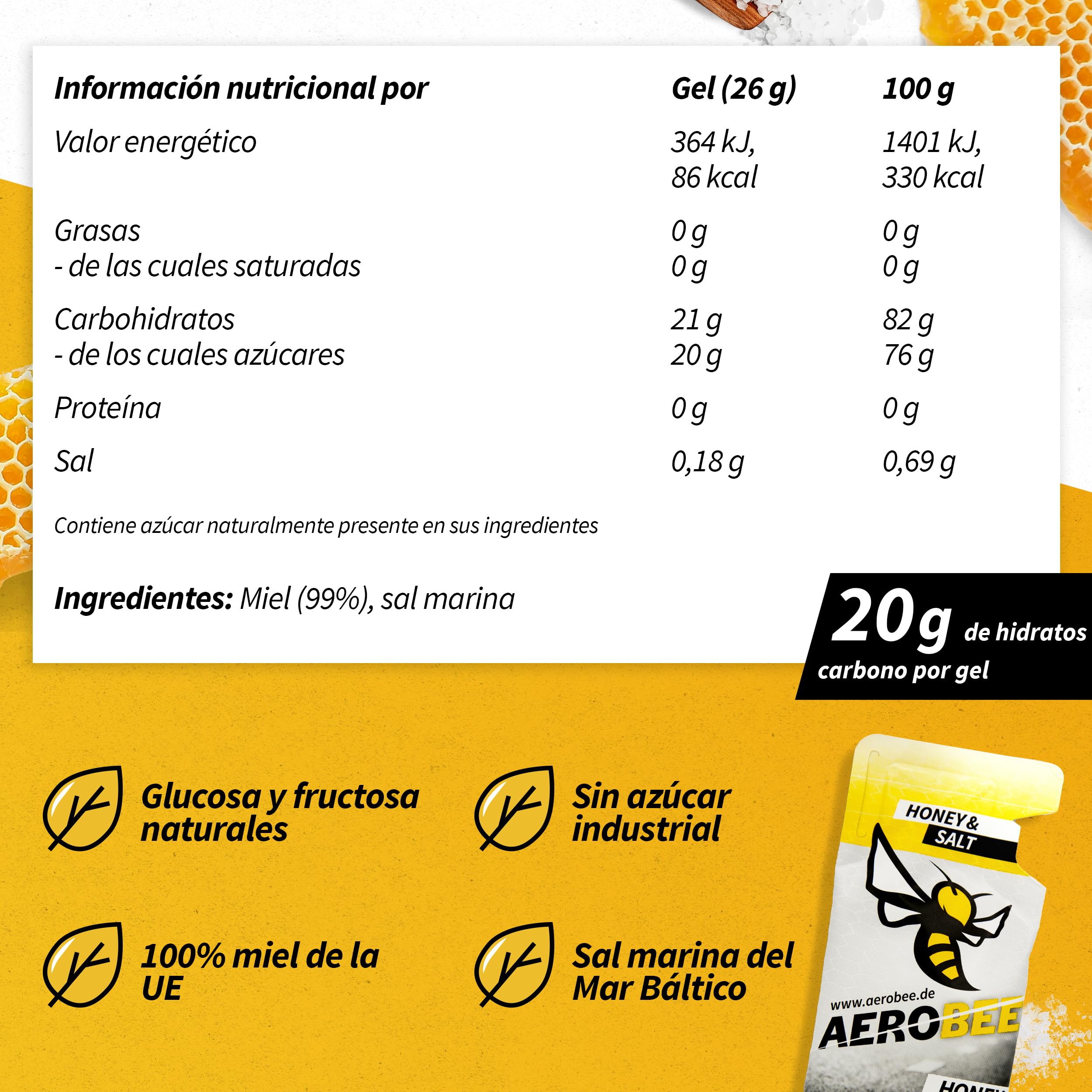 AEROBEE Energy Gel Classic - Sabor a Miel y Sal 10x26g [Energético 100% natural de miel] Gel deportivo para ciclismo, running, maratón, y deportes de resistencia. Suplementos deportivos