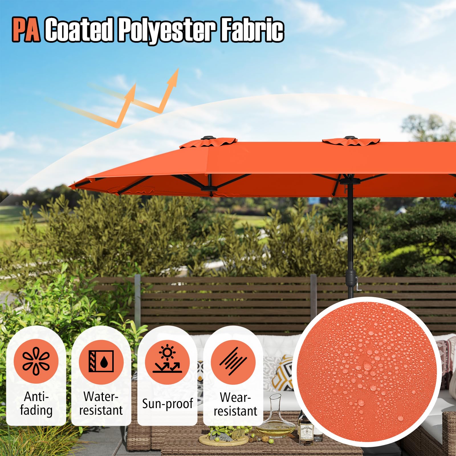 Tangkula Parasol de terrasse double face de 4 m, parasol de table jumeau extra large avec manivelle, base de parapluie, verrouillage de sécurité, grille d'aération, parasol de marché d'extérieur pour