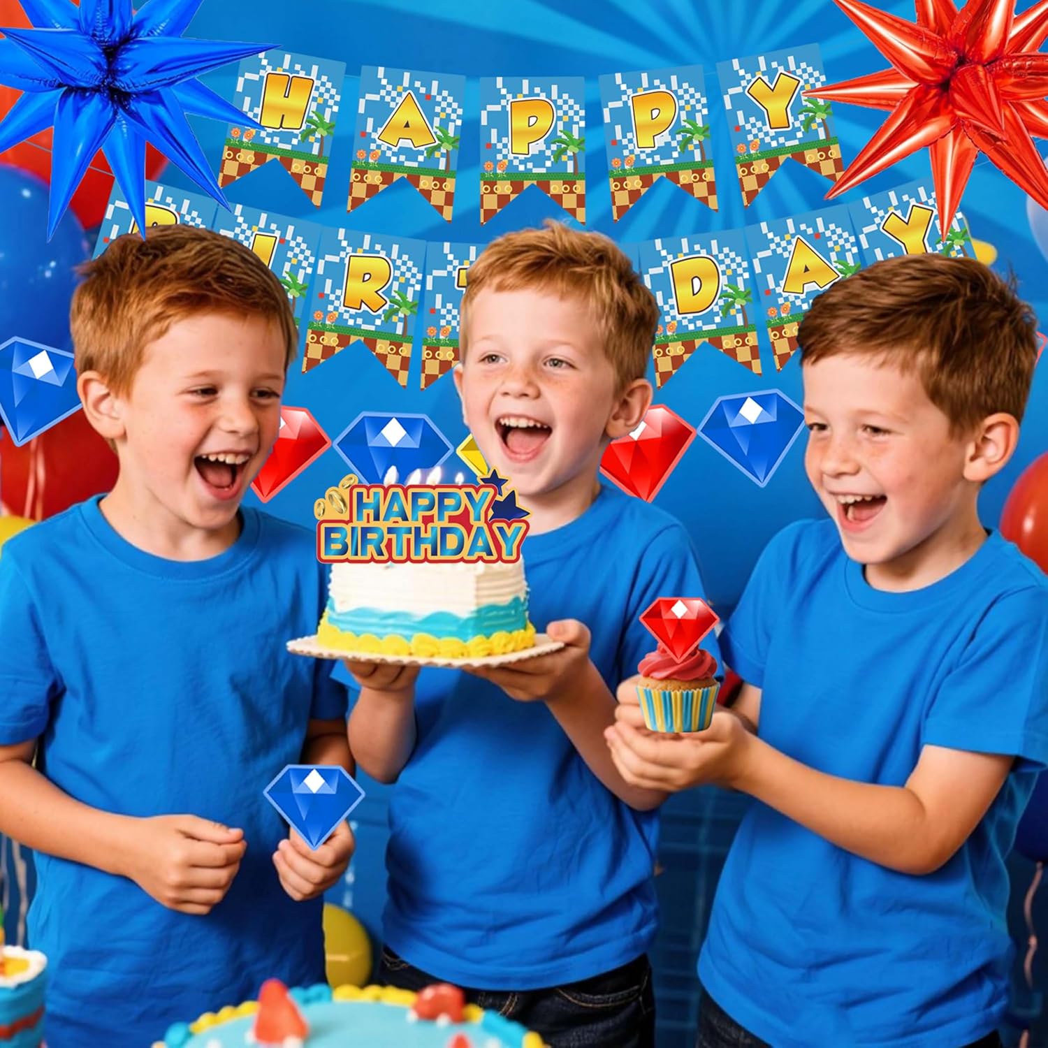 86Pcs Speed Lightning Theme Birthday Party Decorations Set, Blue and Red Balloon Arch Kit with Large Tablecloth and Foil Star Balloons, Game Room Decor - Image 5