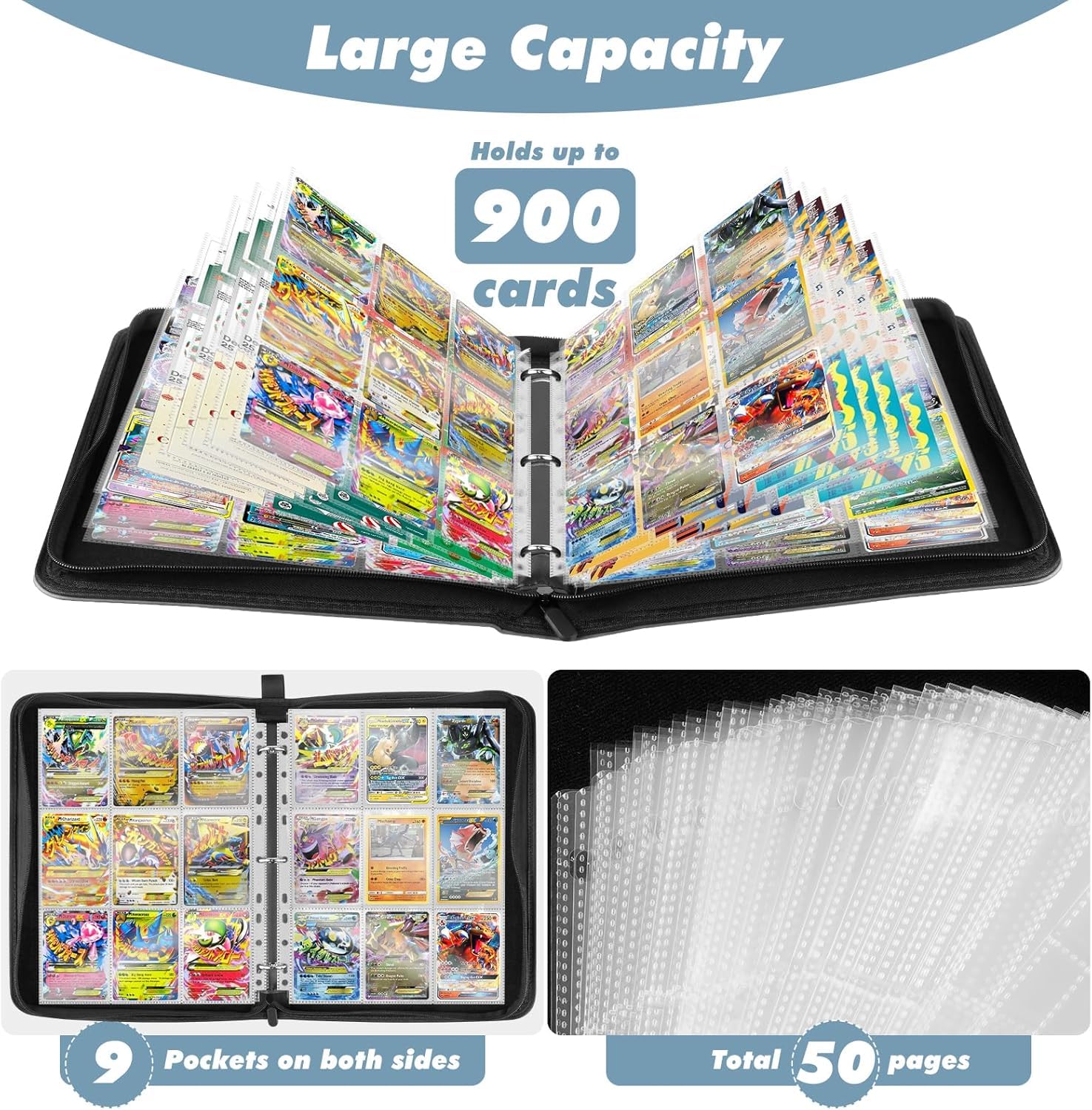 Album Cartas, Album para Cartas Magic, 900 Album Cromos, Álbum de Cartas Coleccionables, Carpeta Cartas Transparente, Negro - 3