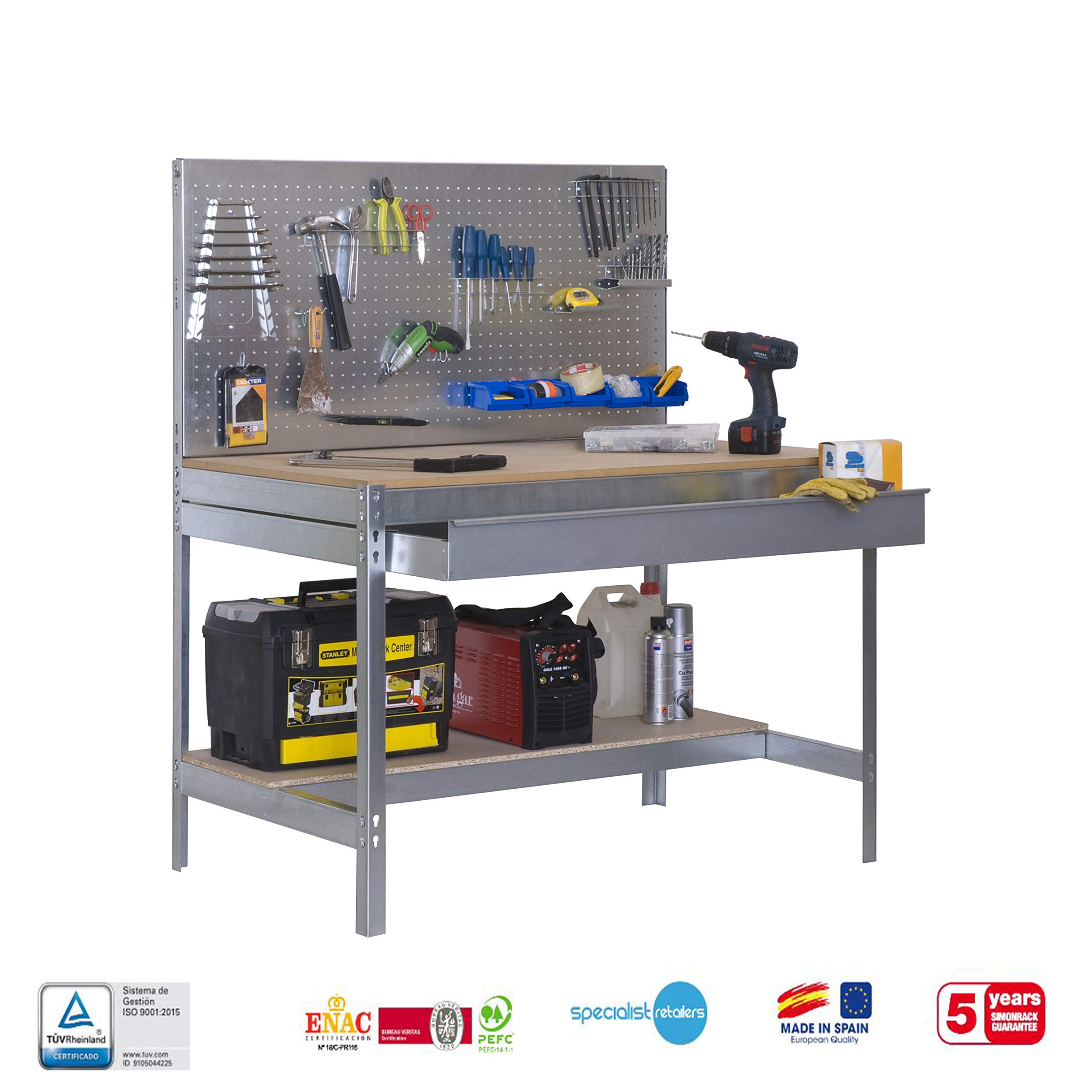 SimonRack Banco da Lavoro Officina, Capacità di Peso 600 kg, 1445x1510x610 mm, Tavolo da Lavoro, 1 Cassettto, Zincato/Lengo - BT2