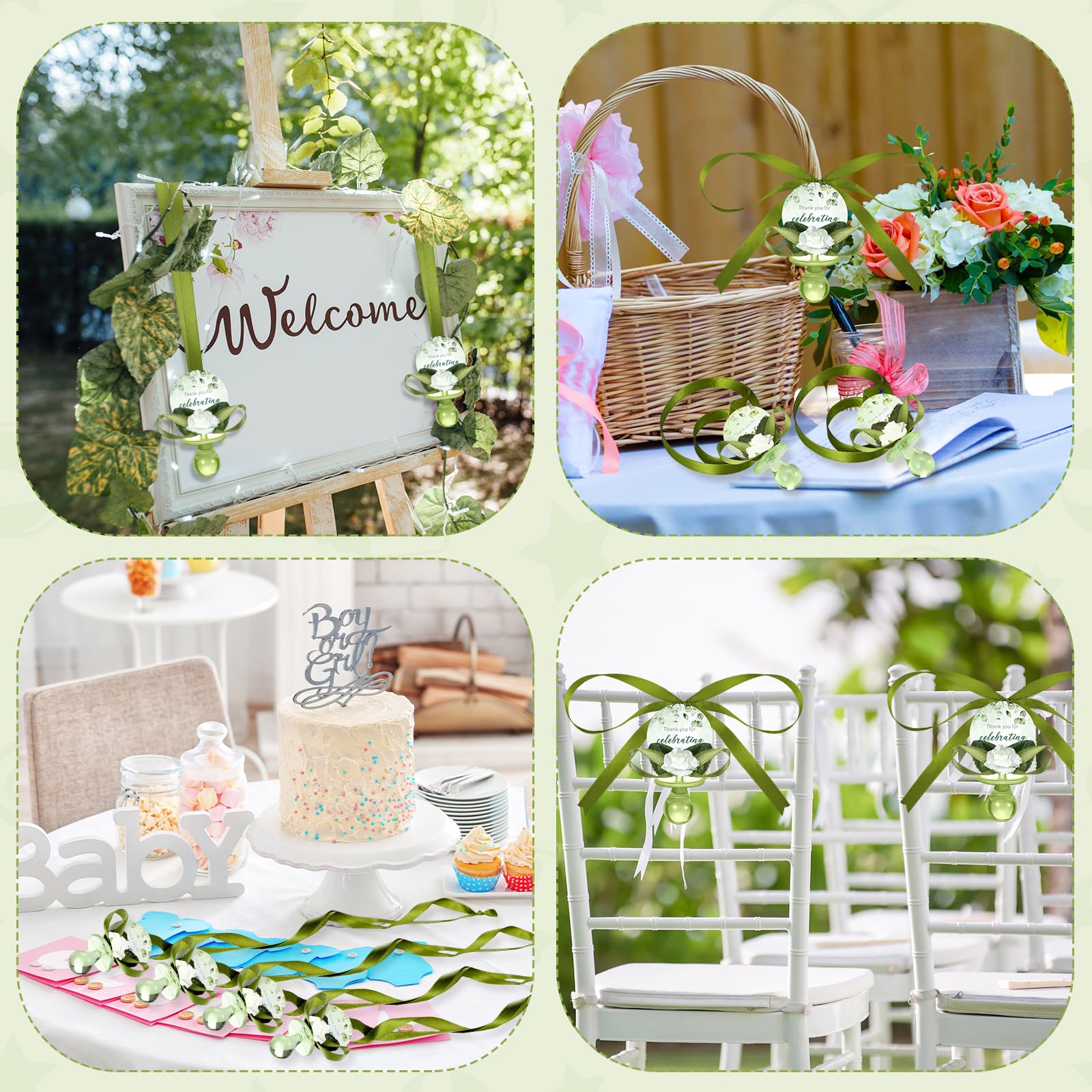 Coume 48 Pcs Sage Green Baby Shower Pacifier Necklace Bulk Acrylic Baby Pacifiers Boho Newborn Pacifiers Charm with Thank You Cards for Baby Shower Wedding Greenery Party Decoration Table Parts