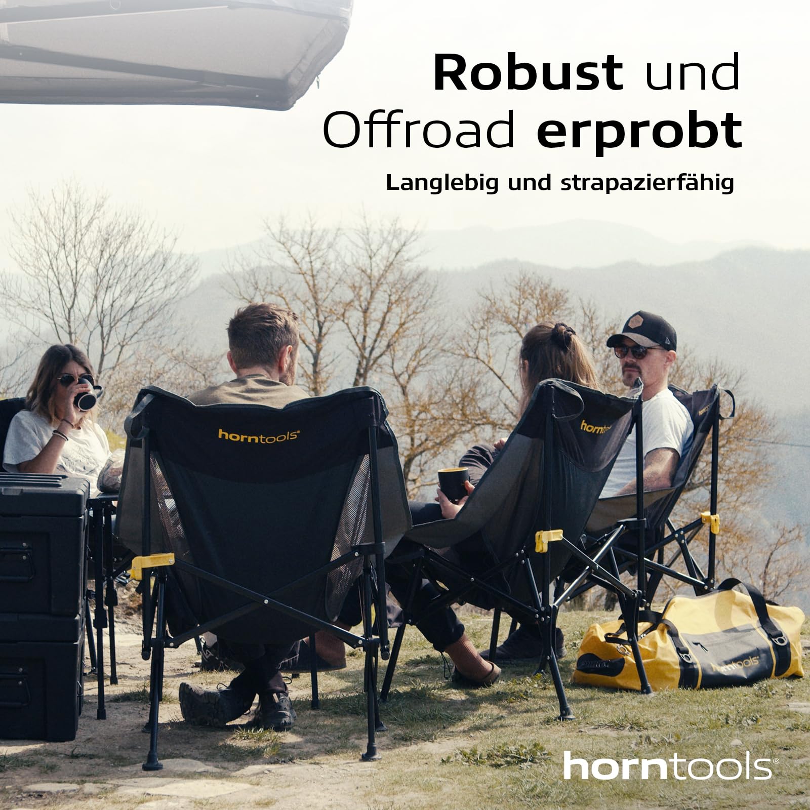horntools Campingstuhl Faltbar 150 kg - Klappstuhl Robust & Leicht - Angelstuhl mit Getränkehalter & Tragetasche - Ideal für Camping, Outdoor & Wandern